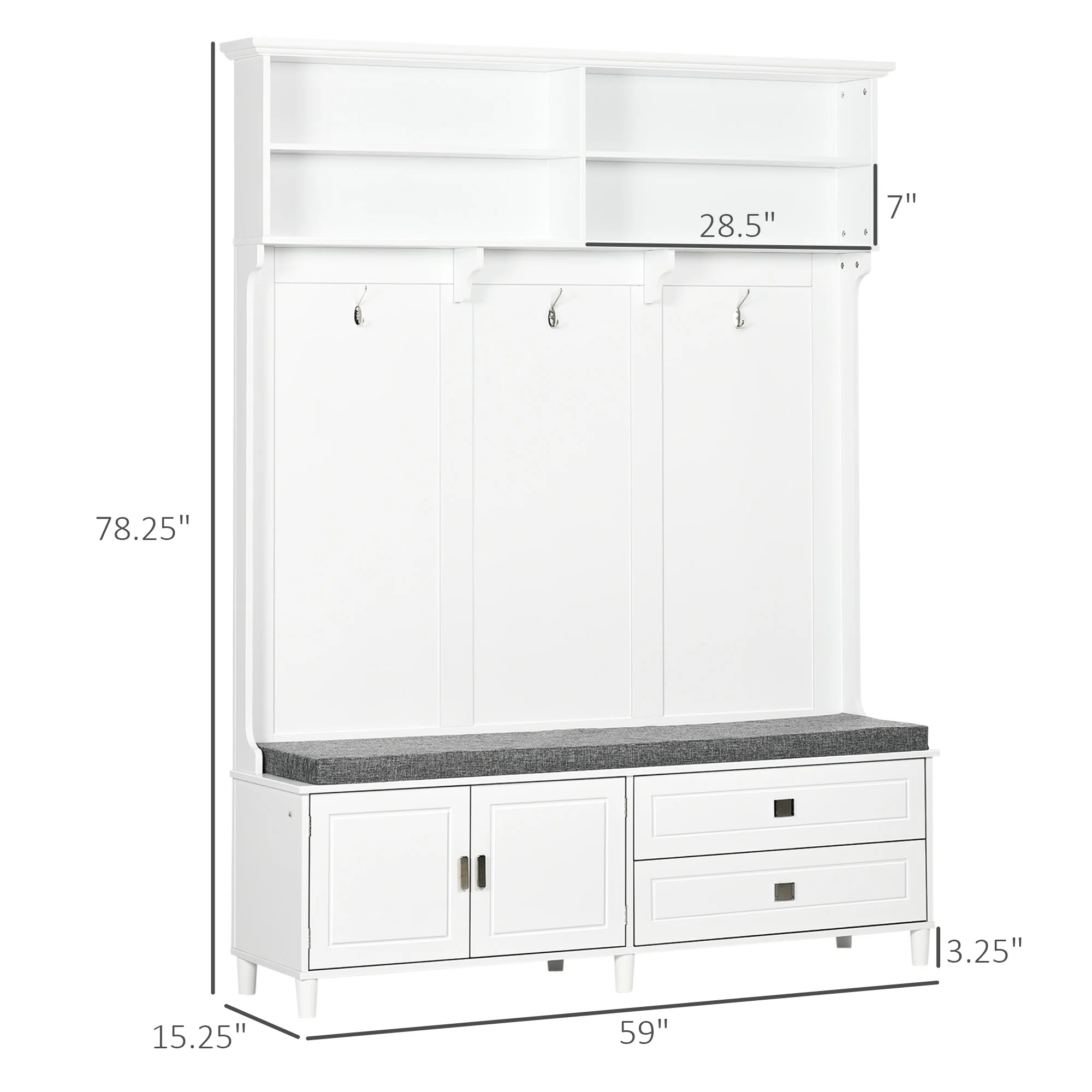 HOMCOM Hall Tree with Storage Bench, Entryway Bench with Coat Rack, Accent Coat Tree with Storage Shelves, Cabinet and Drawers for Hallway, Mudroom, White - Image 3
