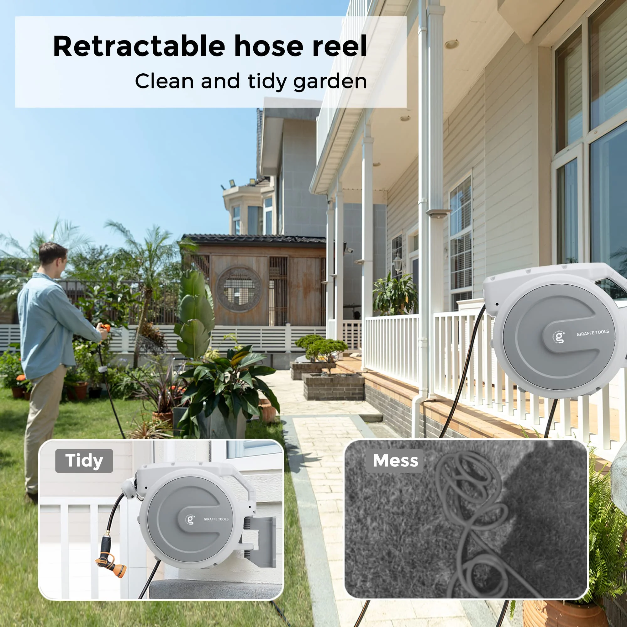 Giraffe Tools Retractable Garden Hose Reel with 1/2in-100ft Water Hose, Plastic Bracket, Wall Mounted, Dark Grey - Image 32
