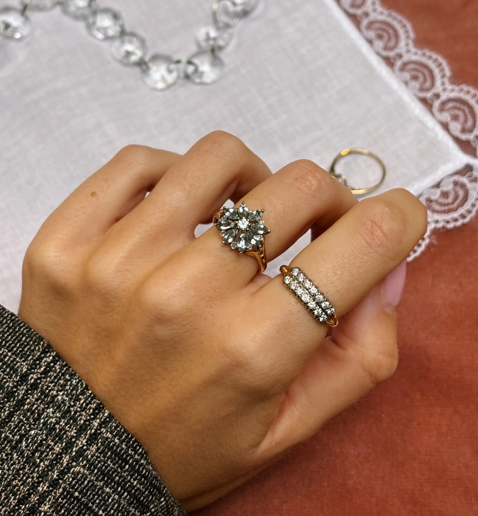 Vintage Aquamarine Kissing Snowflake Ring 9K