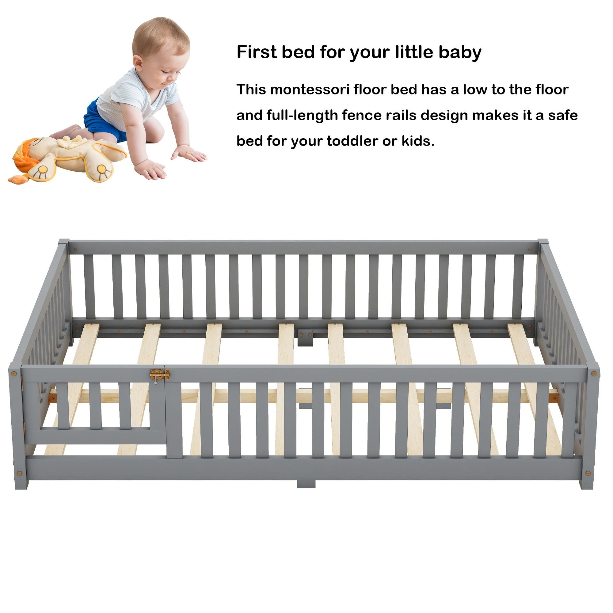 Bellemave Full Size Floor Bed with Door and Fence Floor Bed with Bed Slats Sturdy Wood Floor Bed Montessori Bed Frame (Full, Pink) - Image 28