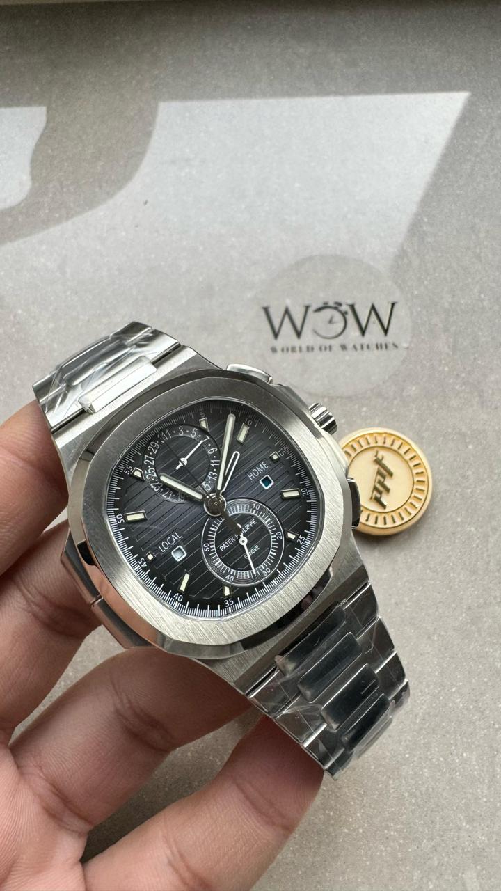 Replica PATEK PHILIPPE PPF Nautilus Chronograph Travel 5990 SS Grey Dial Stick on SS Bracelet A28-520 - Top club