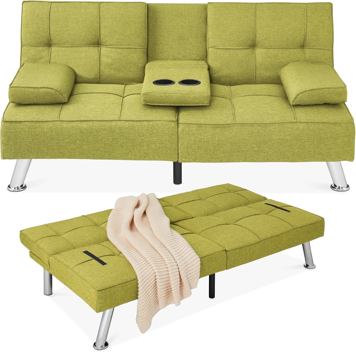 Best Choice Products Linen Modern Folding Futon, Reclining Sofa Bed for Apartment, Dorm w/Removable Armrests, 2 Cupholders - Chartreuse