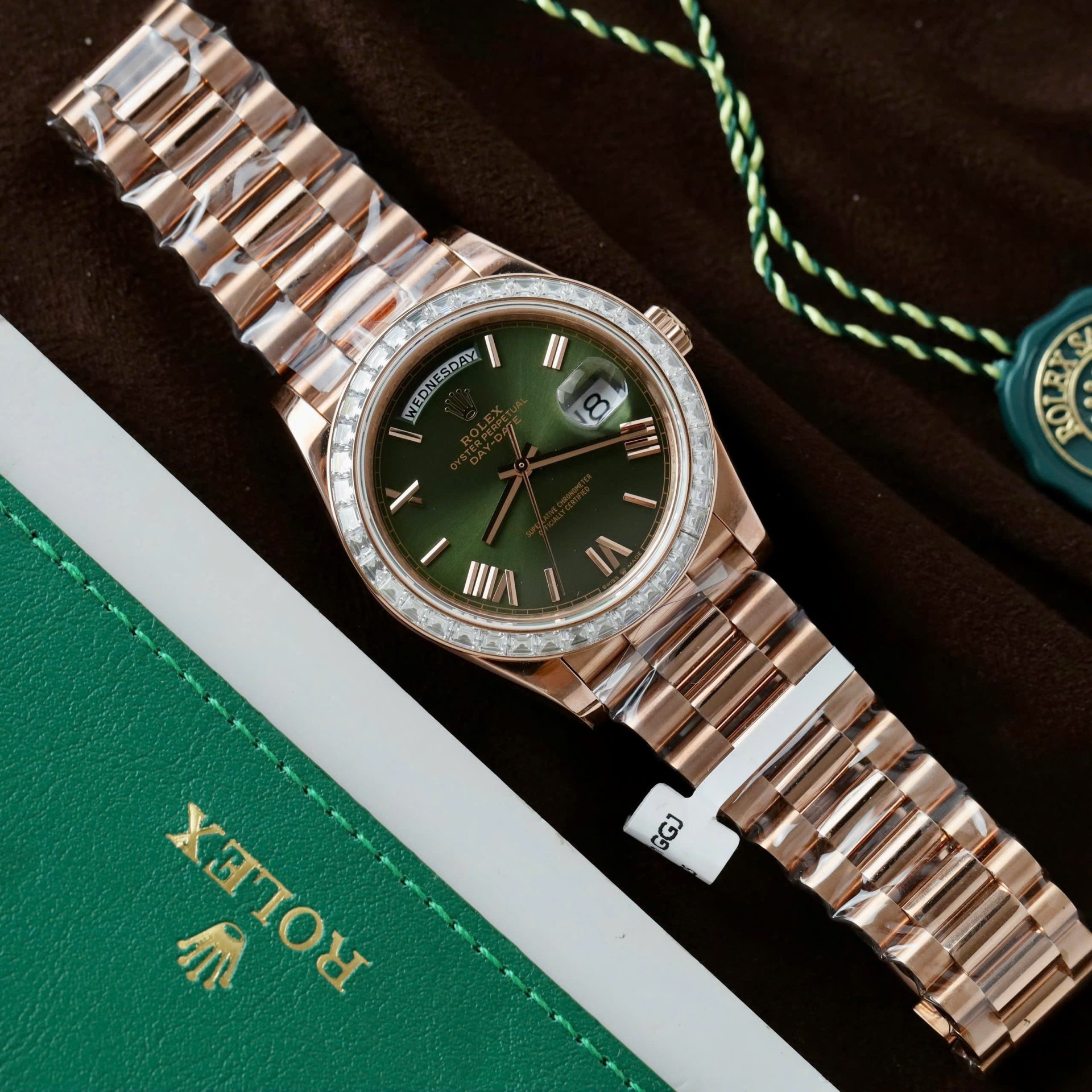 Rolex Day-Date Geen Dial Copies Watches Gold Wrapped + Diamonds Moissanite Baguette 40mm - Elite Watch Atelier