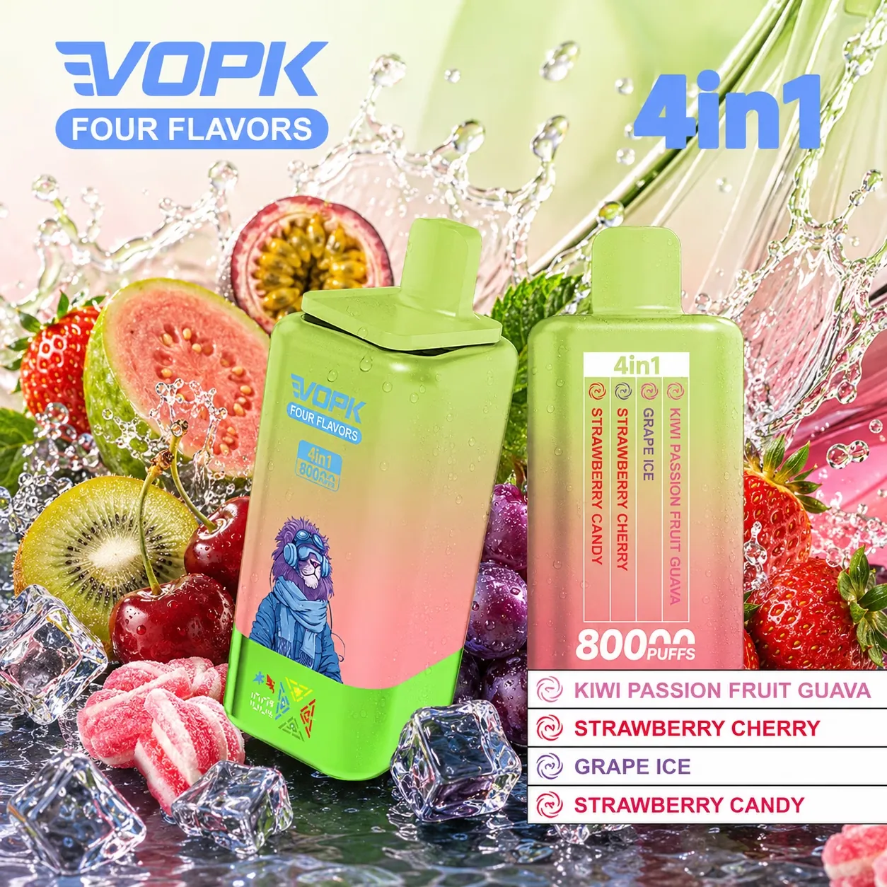 VOPK 80 000 puffów 4in1 – Kiwi Passion Fruit Guava, Strawberry Cherry, Grape Ice, Strawberry Candy