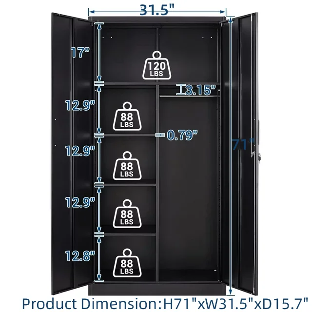 STANI Metal Locker Storage Cabinet, Employees Locker with Hanging Rod Bar, 71a?? Black Tall Steel Wardrobe for Home, School, Office (Assembly Required)