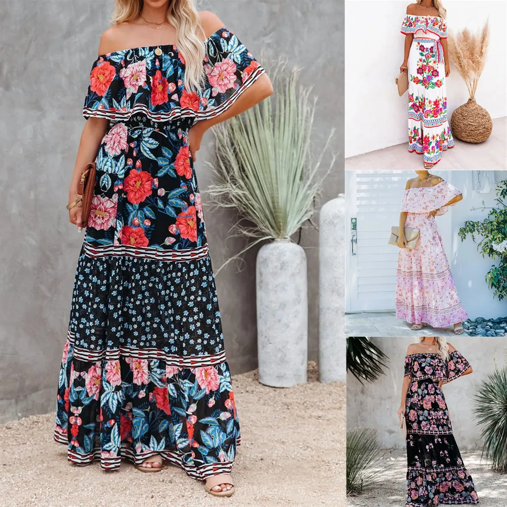 Flower Print Off Shoulder Long Dresses For Women Spring Summer New Fashion Temperament High Waist Leace-up Dress Female Vestidos - AZJHJ