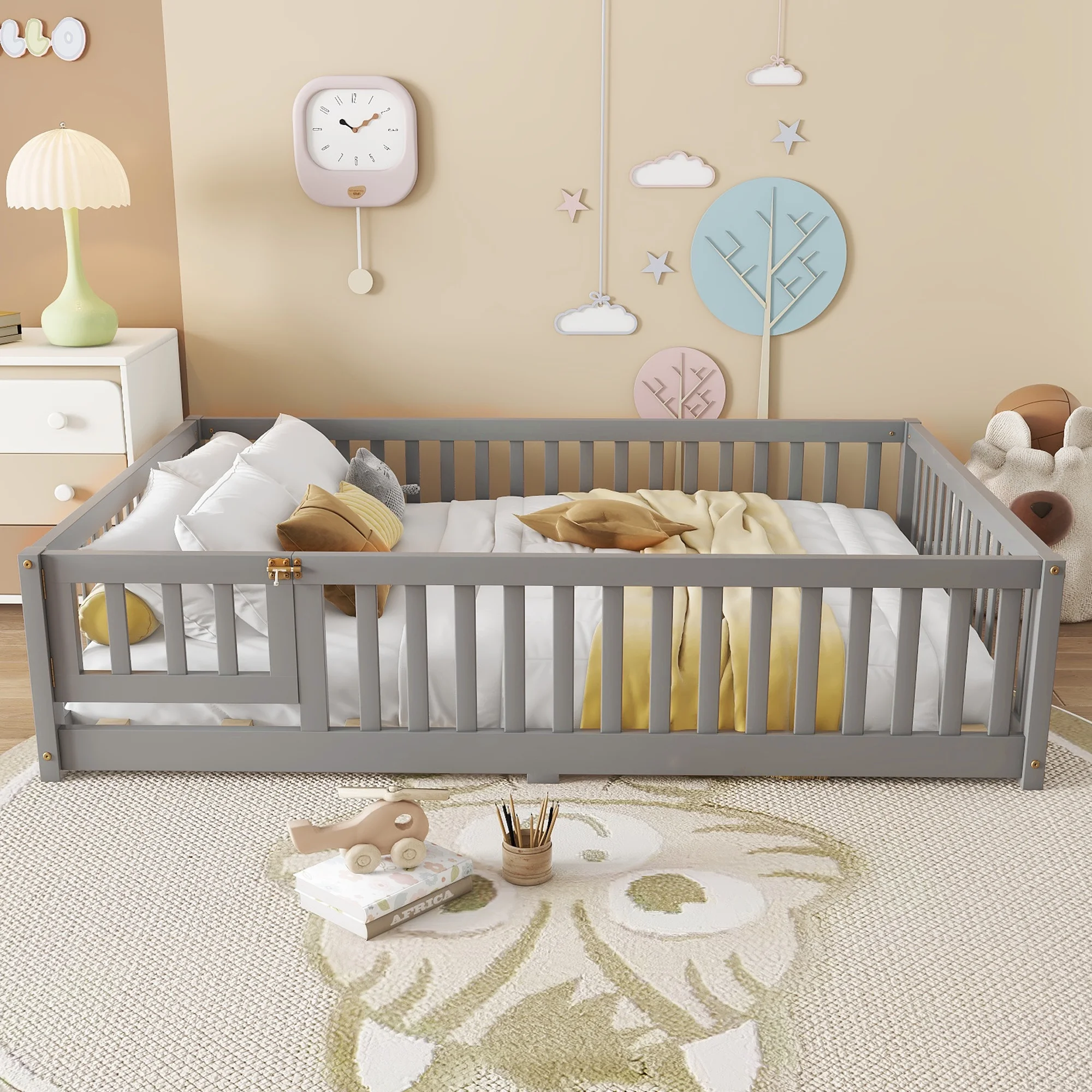 Bellemave Full Size Floor Bed with Door and Fence Floor Bed with Bed Slats Sturdy Wood Floor Bed Montessori Bed Frame (Full, Pink) - Image 23