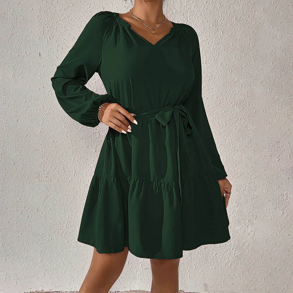 Women Clothing Spring/Summer Loose Casual Waist Tight Long Sleeve Ruffled Dress - AZJHJ