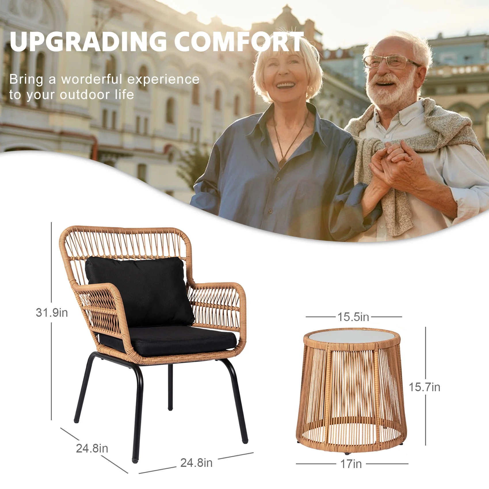 Tappio 3-Piece Patio Conversation Bistro Set Rattan Furniture, Outdoor Patio Set w/Glass Top Table & Cushions for Garden Balcony Backyard Poolside, Yellow/Beige - Image 29