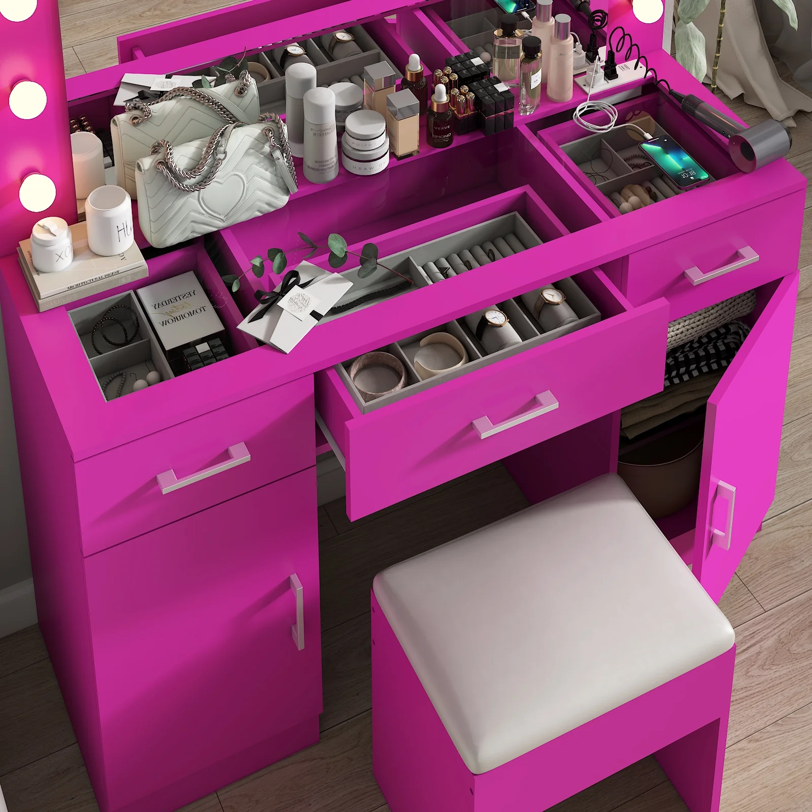 Ktaxon Large Makeup Vanity, Vanity Table Set w/ Visible Glass Top w/ Charging Station, White - Image 90