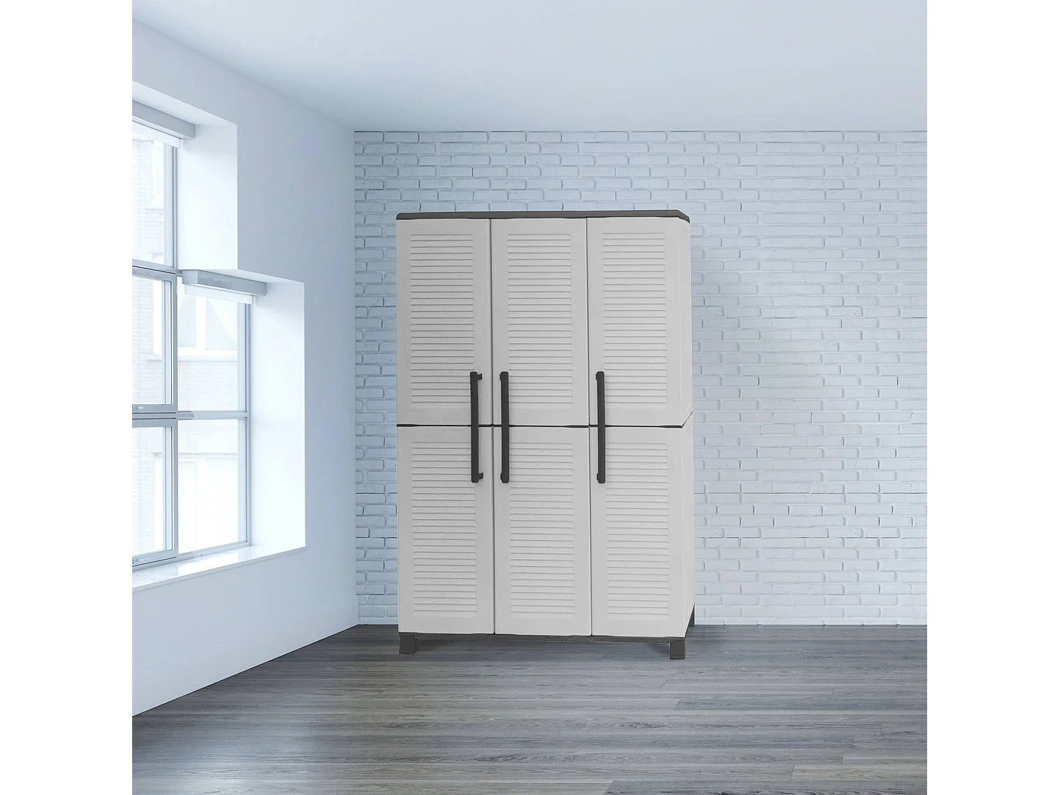 Armoire d'extérieur Nandrin, Armoire porte-balai, Armoire d'extérieur 3 portes, 100% Made in Italy, 102x37h169 cm, Gris clair et noir, Finition rayée