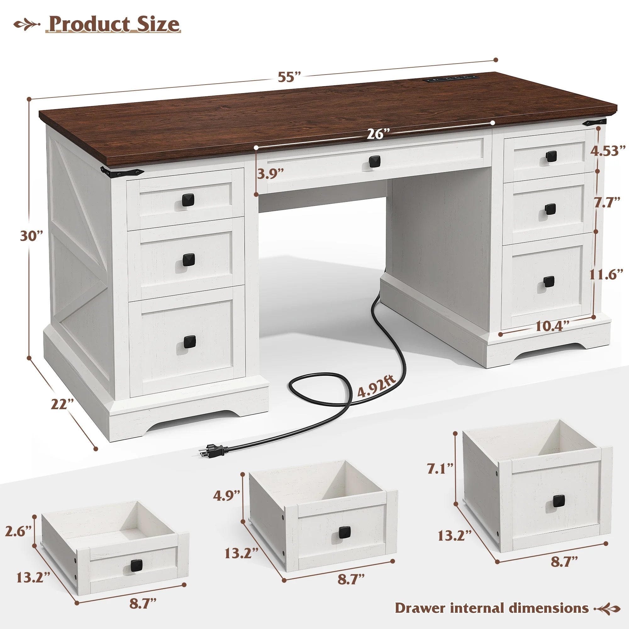 EnHomee Farmhouse Desk with Drawers, Wood Home Office Desk with Charging Station, Antique White