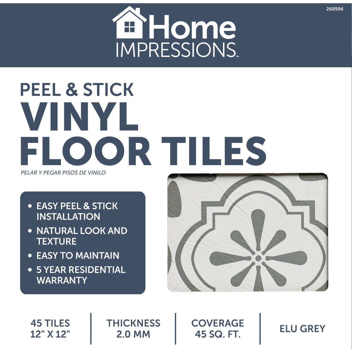 Home Impressions Elu Grey 12 In. x 12 In. Vinyl Floor Tile (45 Sq. Ft./Box)