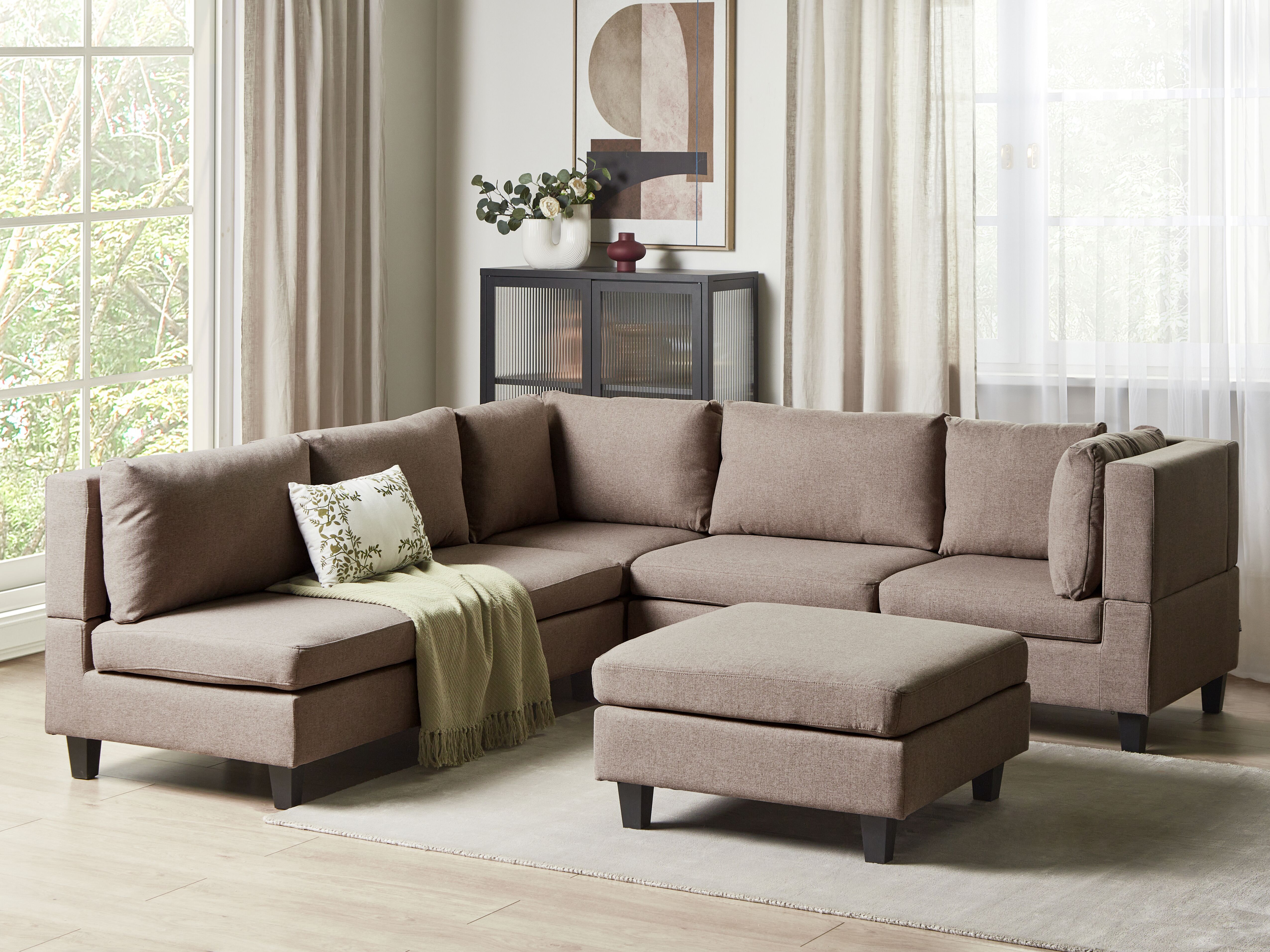 Modular Corner Sofa 5 Seater UNSTAD Fabric Brown with Ottoman Left Hand