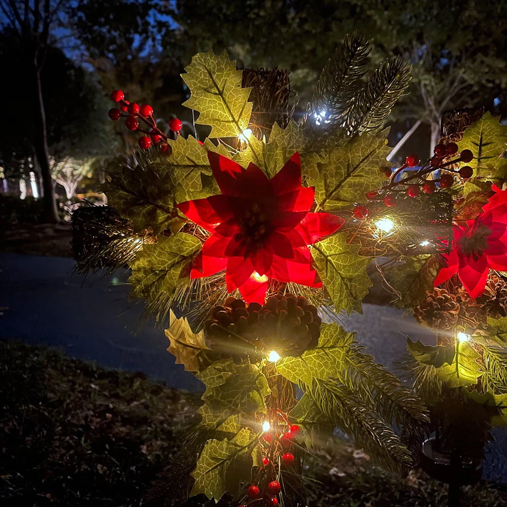 Solar Christmas Decorations Outdoor LED Lights, Xmas Waterproof Cross Stake, Cemetery Grave Decorations,Faux Pine Cones and Foliage Ornament Stakes for Garden Lawn Yard Cemetery, Set of 2