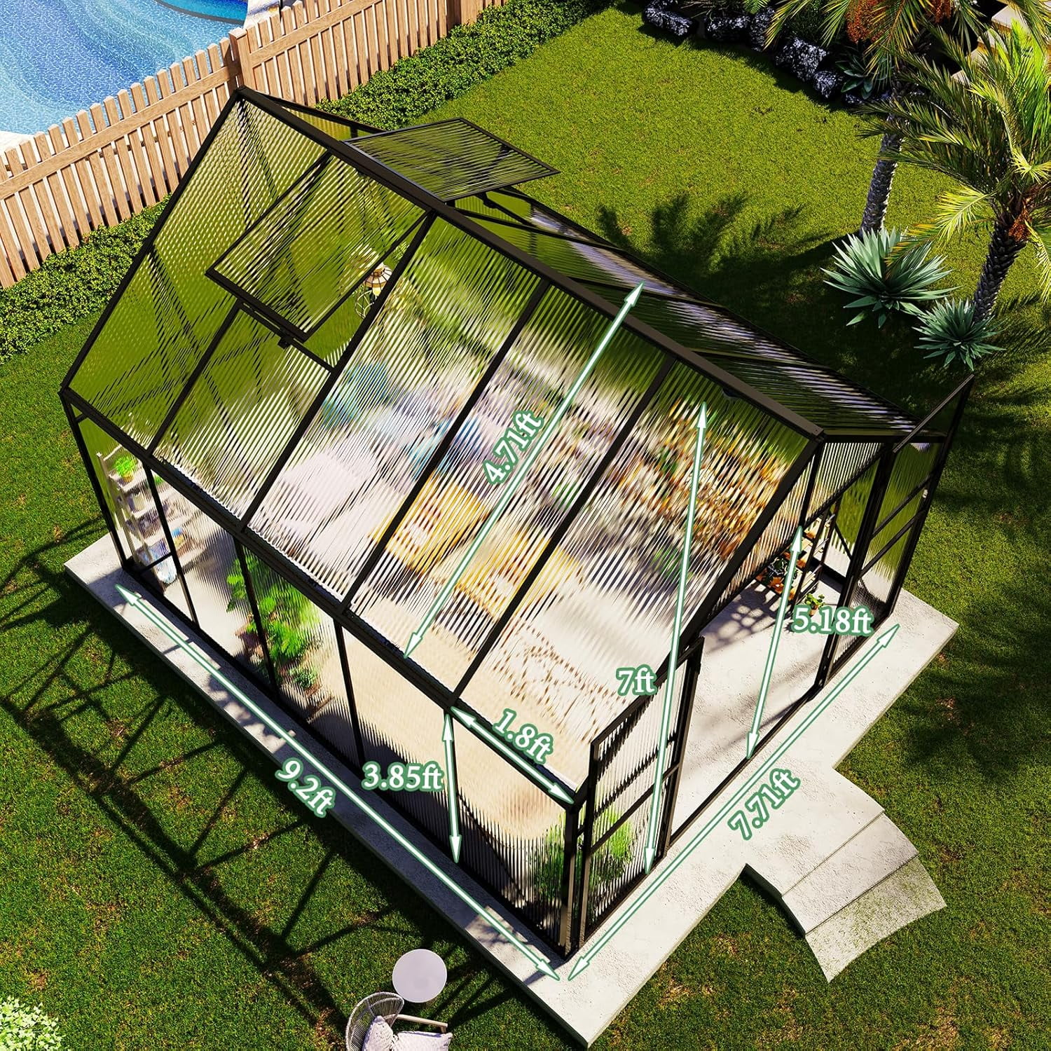 Jocisland 8x8x7 FT Polycarbonate Walk-In Greenhouse with Aluminum Frame, 2 Top-Opening Windows & 2 Swing Doors, Heavy Duty for Outdoor Garden Use, Black - Image 8
