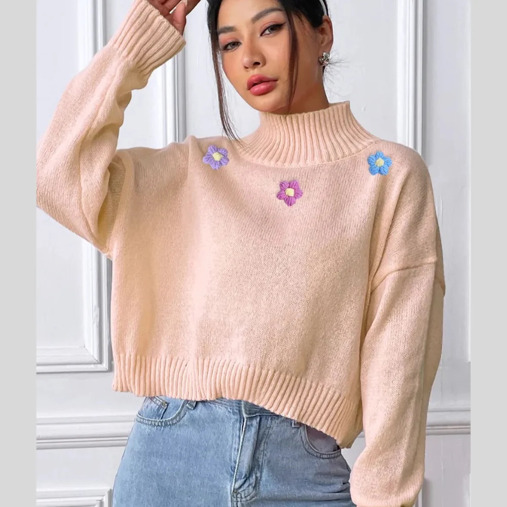 Flower Turtleneck Long Sleeve Sweater - ZKZOOK