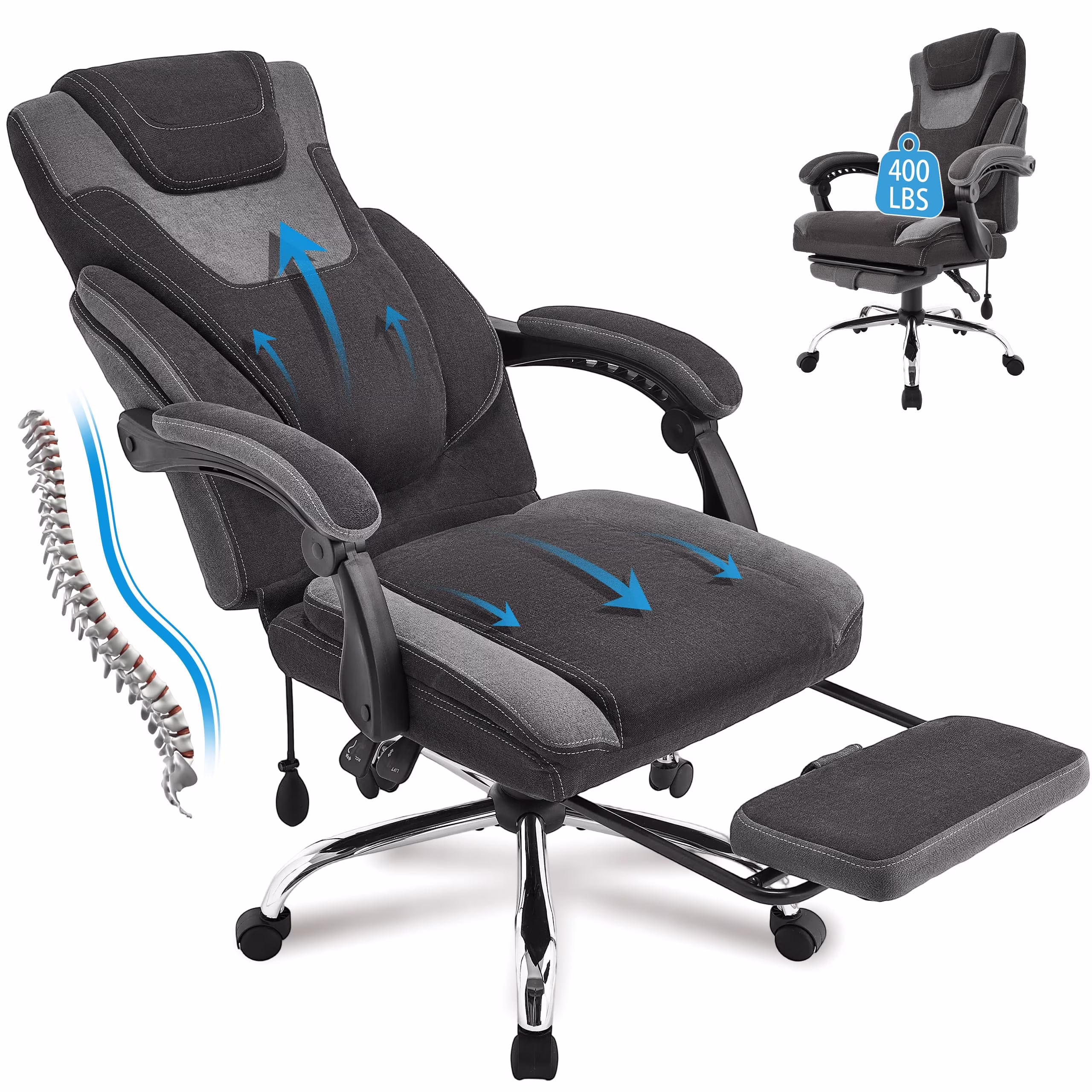 JONPONY Big and Tall Office Chair 400lbs, Executive Reclining Office Chairs with Footrest, High Back Home Office Chair Thick Padded Armrests, Ergonomic Adjustable Lumbar Support, PinkWhite - Image 9
