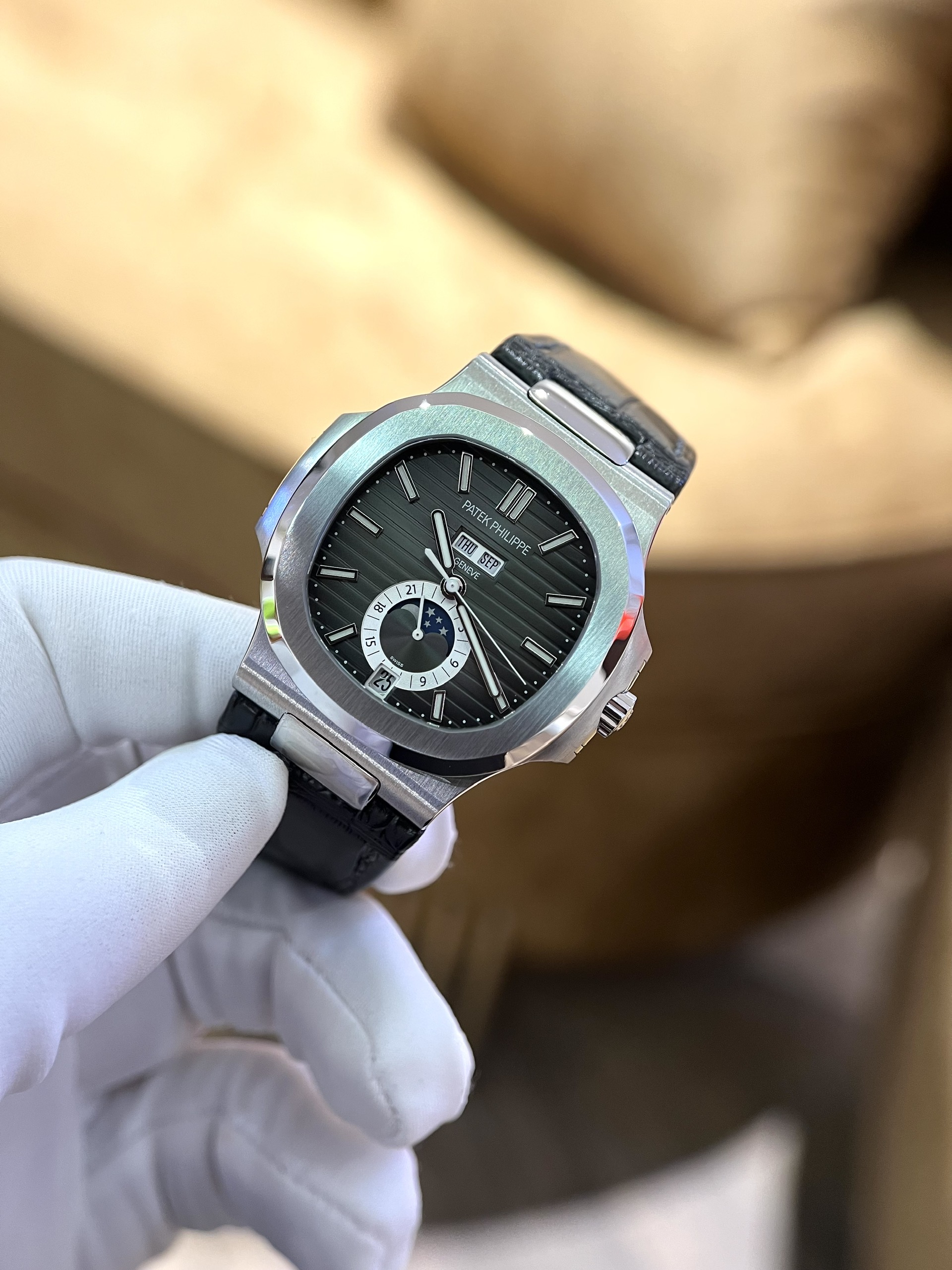 Patek Philippe Nautilus 5726 Replica 1:1 Watch Black Dial Leather Strap Factory PPF 40.5mm - Top club