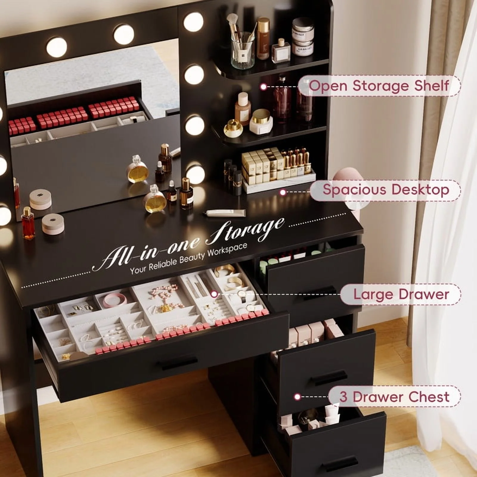 Lacoo Vanity Desk with Mirror and LED Lights, Makeup Vanity with 7 Drawers & 4 Shelves, Vanity Table with Power Outlet for Bedroom Dressing Room, White - Image 29