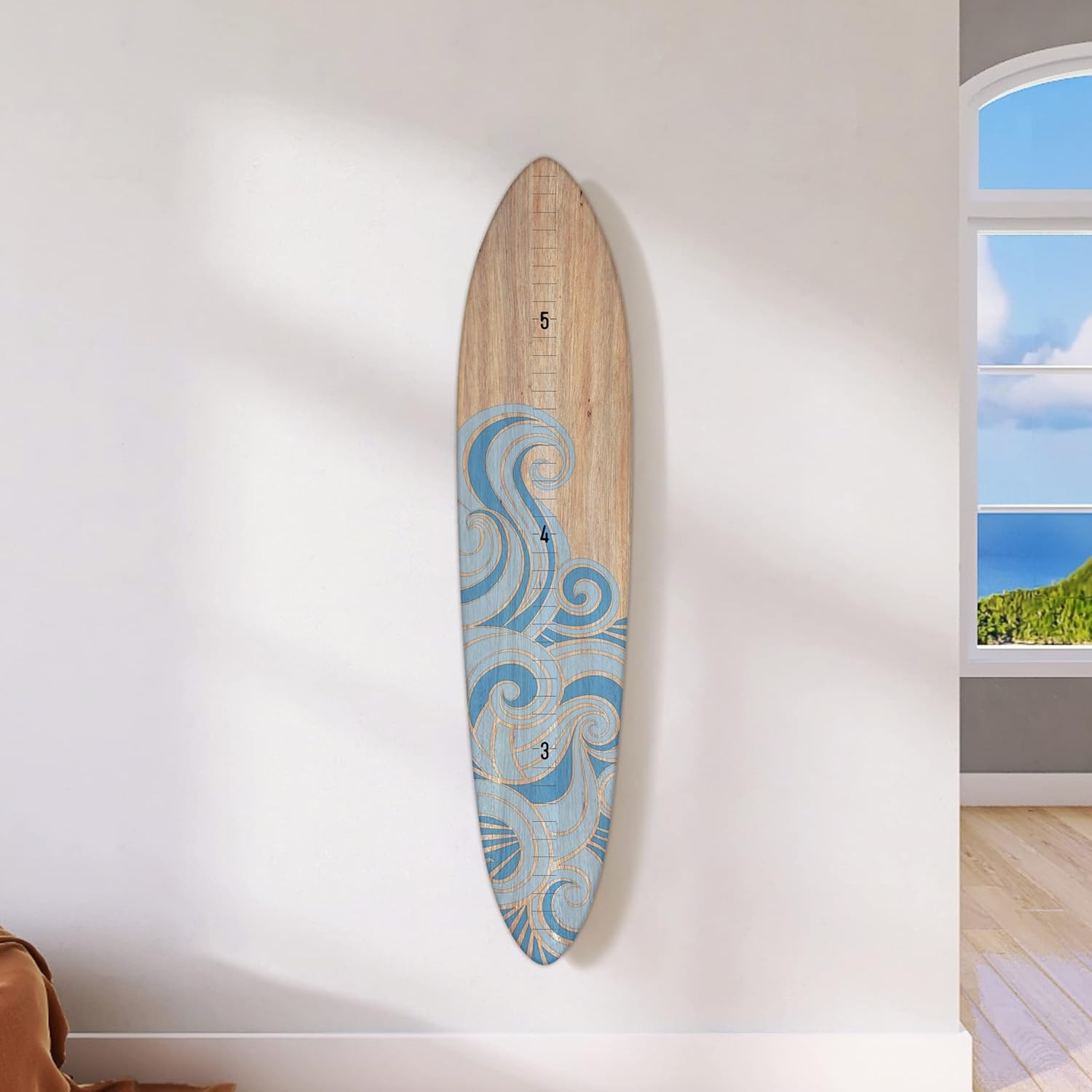 HEADWATERS STUDIO Wooden Surfboard Wall Decor Growth Chart - Surf Board Wall Decor for Kids Room, Wooden Growth Chart for Wall, Surfboard Wall Art, Surfboards for Decoration - Blue Wave (9.5