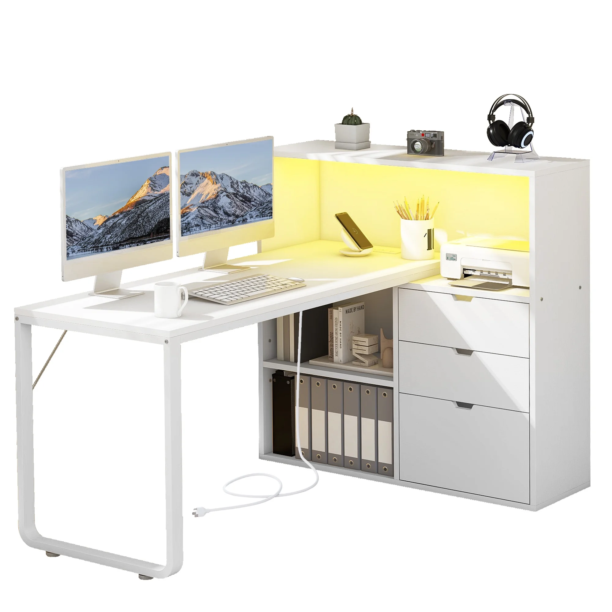 Dextrus L Shaped Desk with Power Outlets & LED Lights, Computer Desk with 3 Drawers and 3 Storage Shelves, White Office Desk Corner Desk for Home Office - Image 2