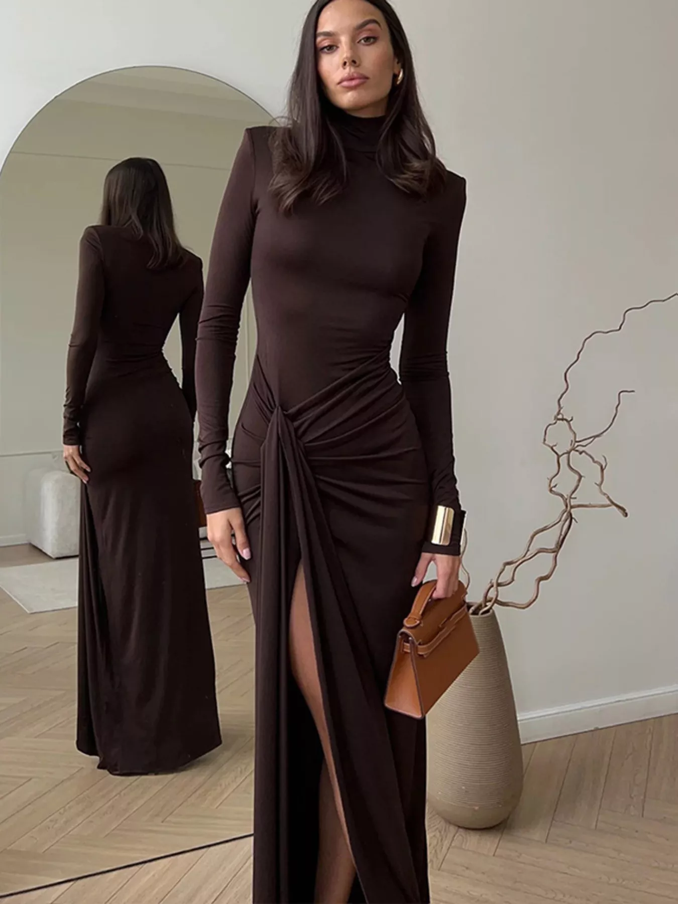 Turtleneck Long Sleeve Tie Waist Maxi Dress - ZKZOOK
