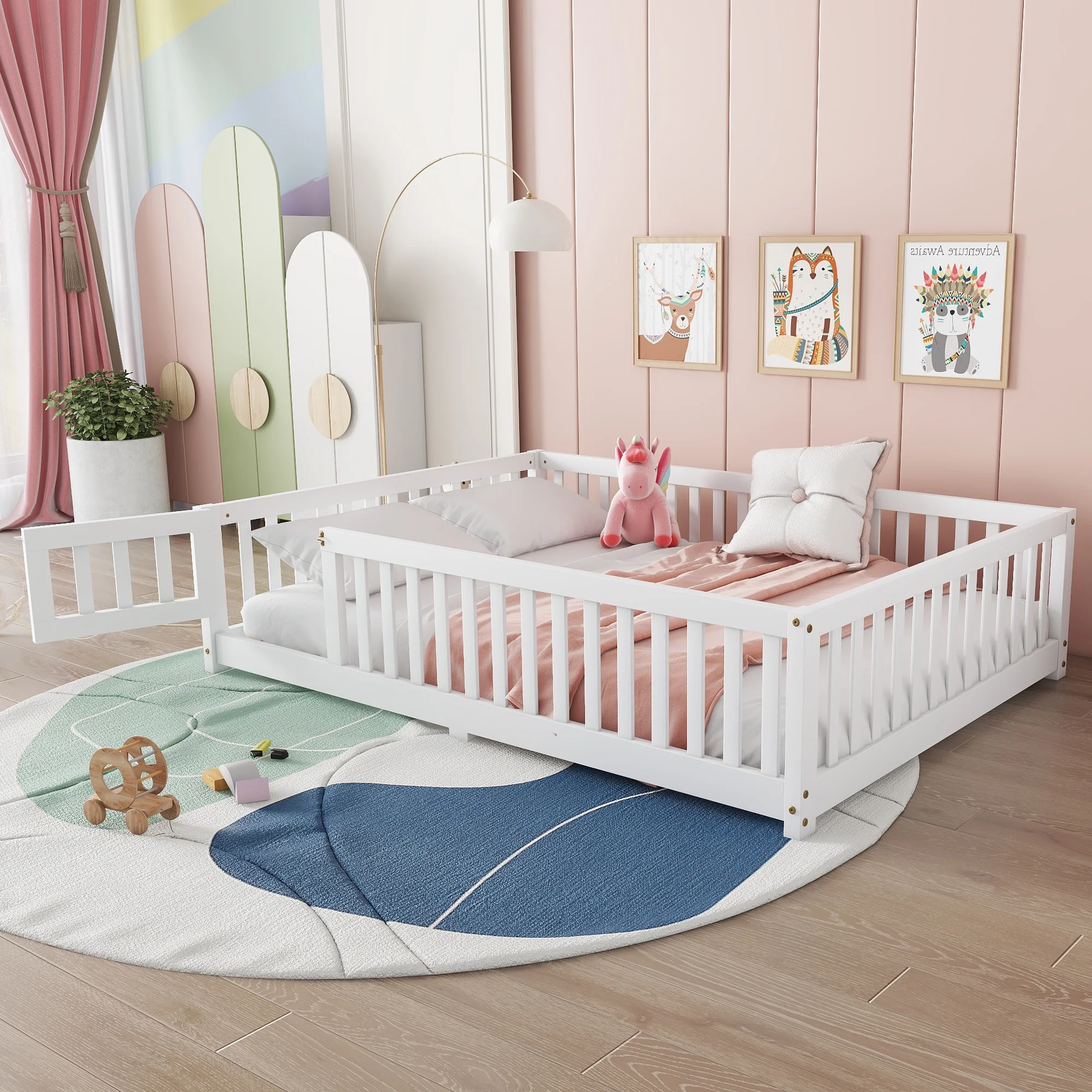 Bellemave Full Size Floor Bed with Door and Fence Floor Bed with Bed Slats Sturdy Wood Floor Bed Montessori Bed Frame (Full, Pink) - Image 32
