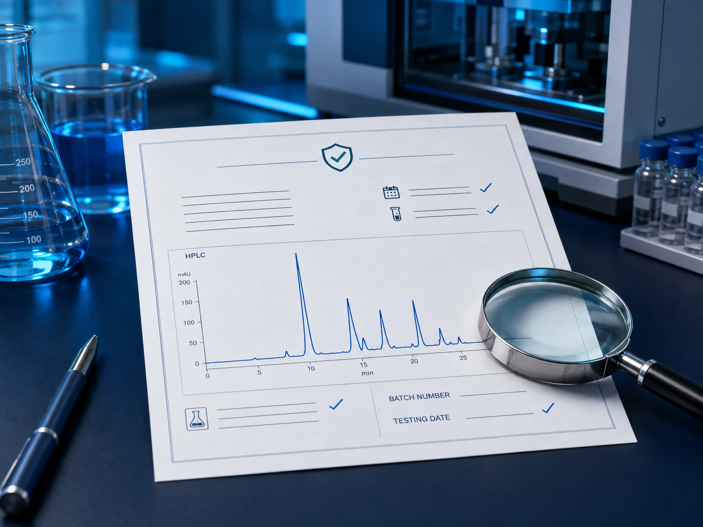 Reviewing a Certificate of Analysis with an HPLC chromatogram, batch number and testing date