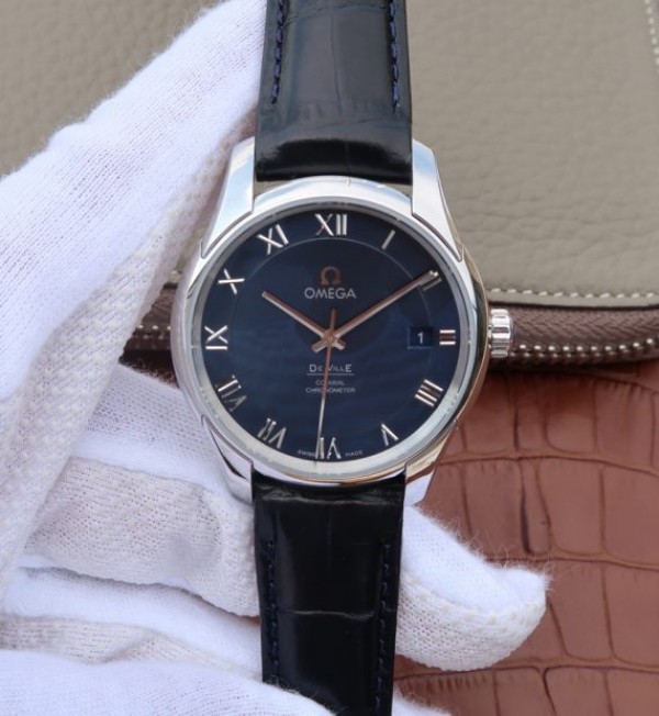 Replica Omega V6 De Ville 41mm SS Blue Dial Black Leather Strap A8500 - Top club
