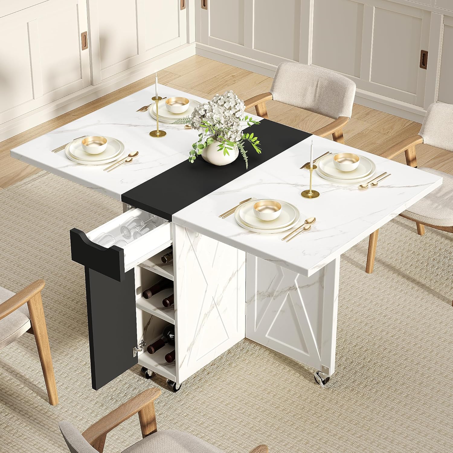 Space Saving Folding Dining Table with Drawer,3-Tier Wine Cooler Storage and 2-Layer Metal Storage Rack-Extendable Drop Leaf Farmhouse Wood Kitchen Dining Room Tables Set for 4 (White)