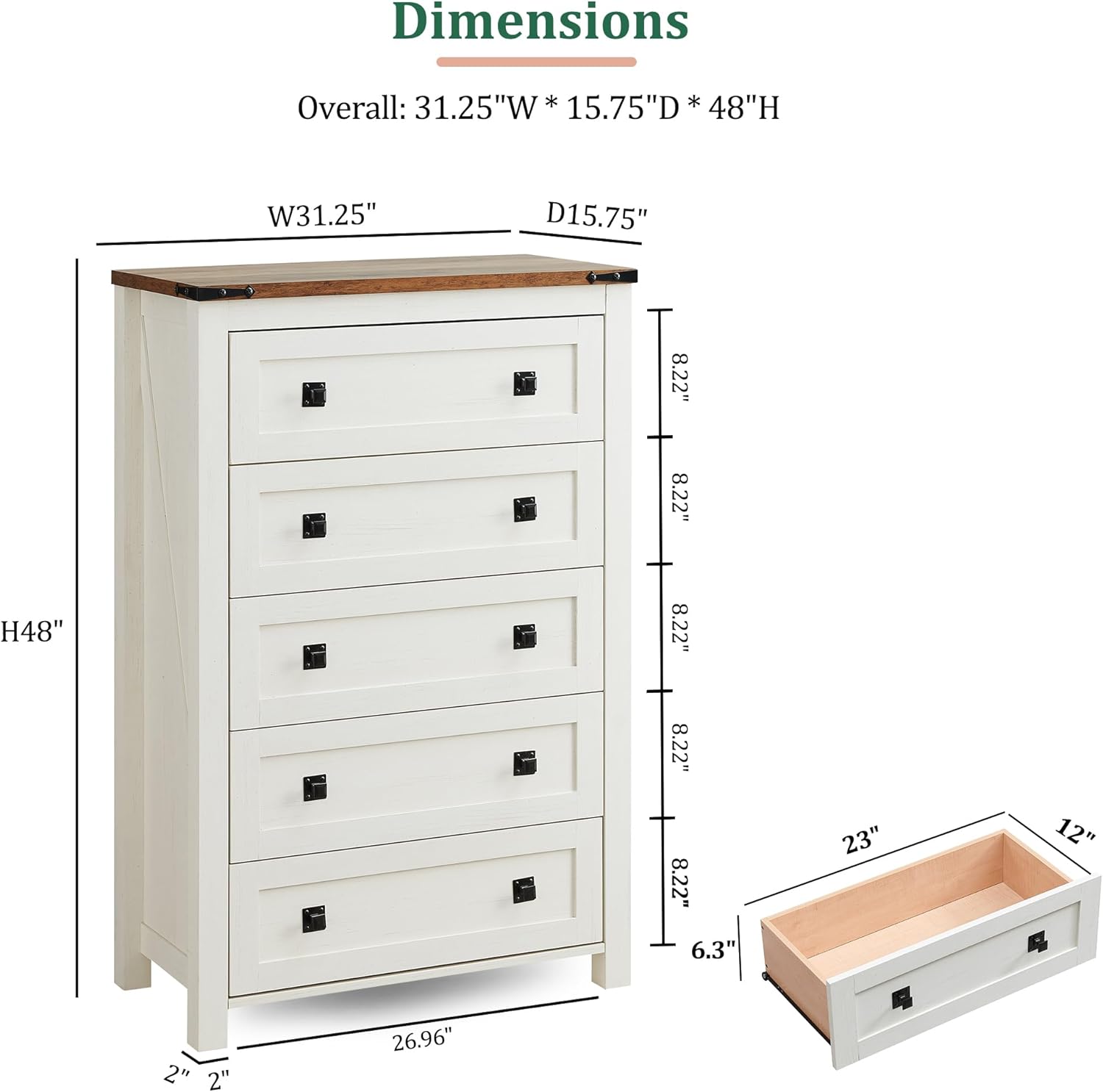 RedLemon Farmhouse 5 Drawer Dresser, 48