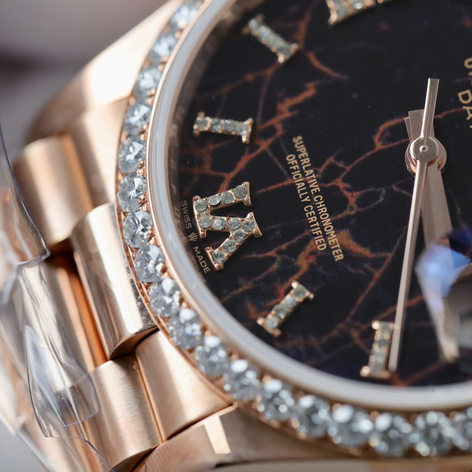Rolex Day-Date Eisenkiesel Dial Copies Watch Gold Wrapped + Diamonds Moissanite GM Factory 36mm - Elite Watch Atelier