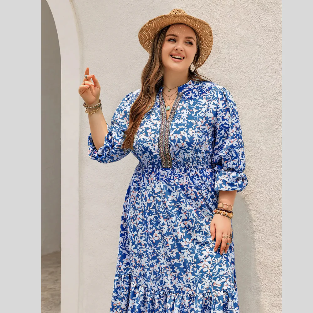 Plus Size Floral Print Bohemian Maxi Dress - ZKZOOK
