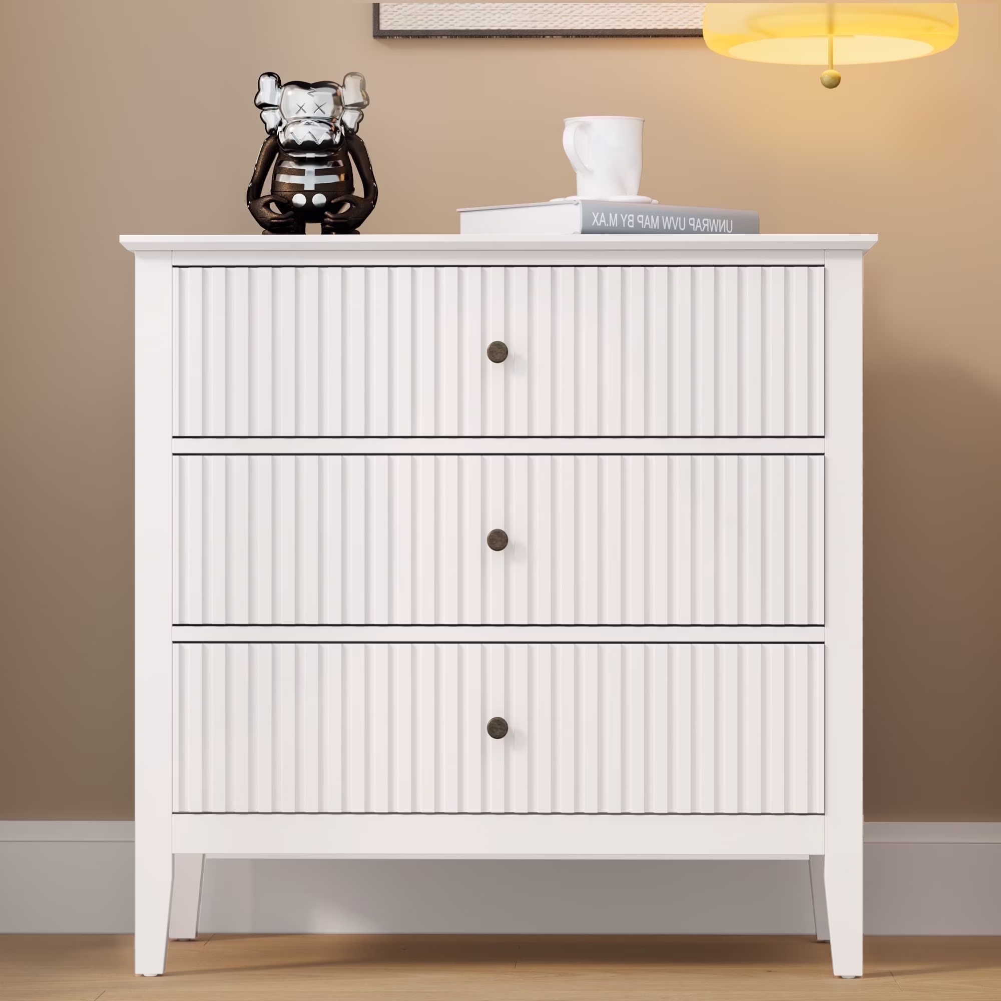 May Color Large White 3 Drawer Dresser Set of 2 with Fluted Panel, Modern Chest of Drawers with Silent Slide Drawers, Wood Accent Nightstand with Storage for Bedroom Living Room, Hallway - Image 5