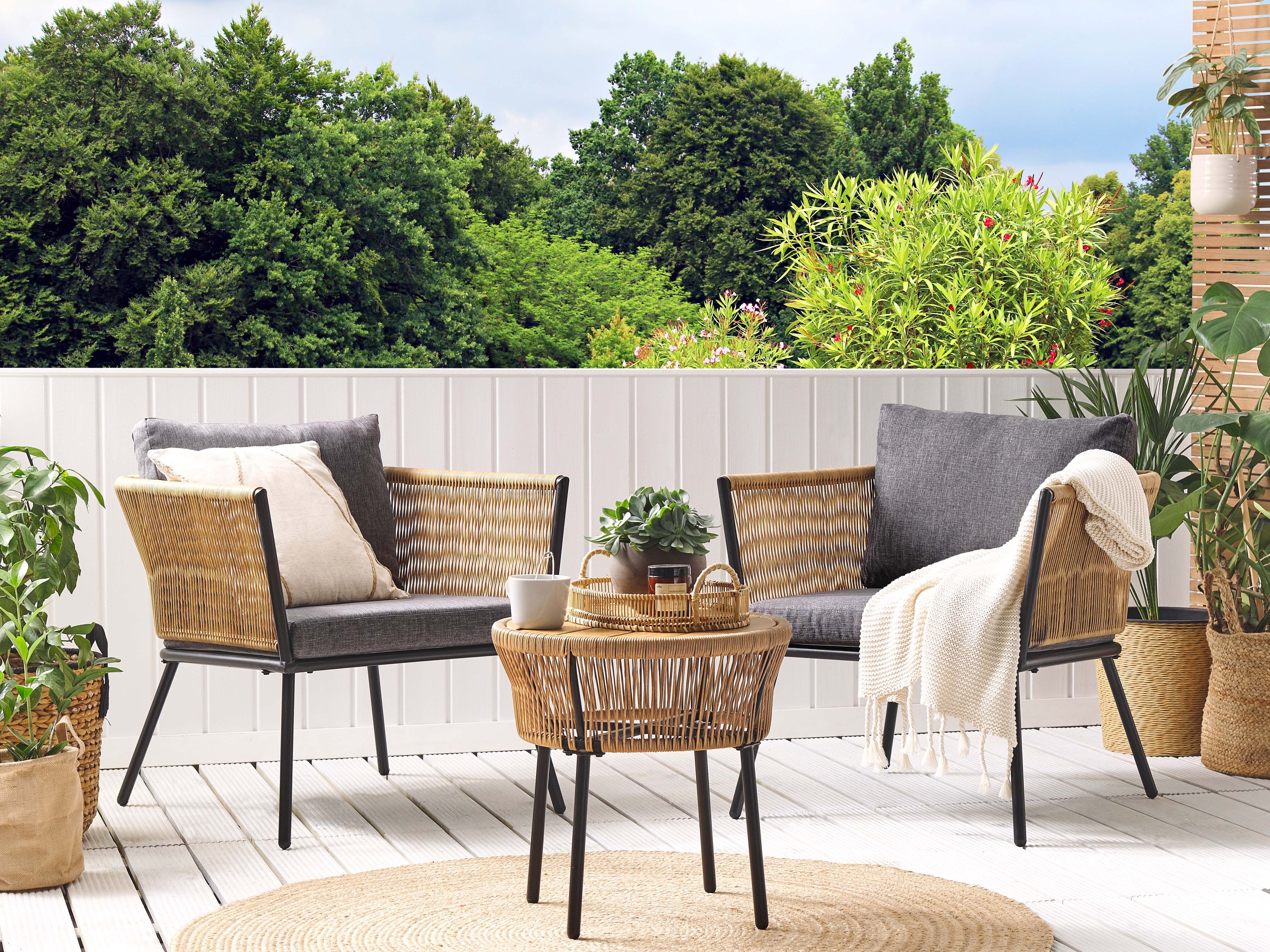 Bistro Set with Cushions GARGANO PE Rattan Light Brown