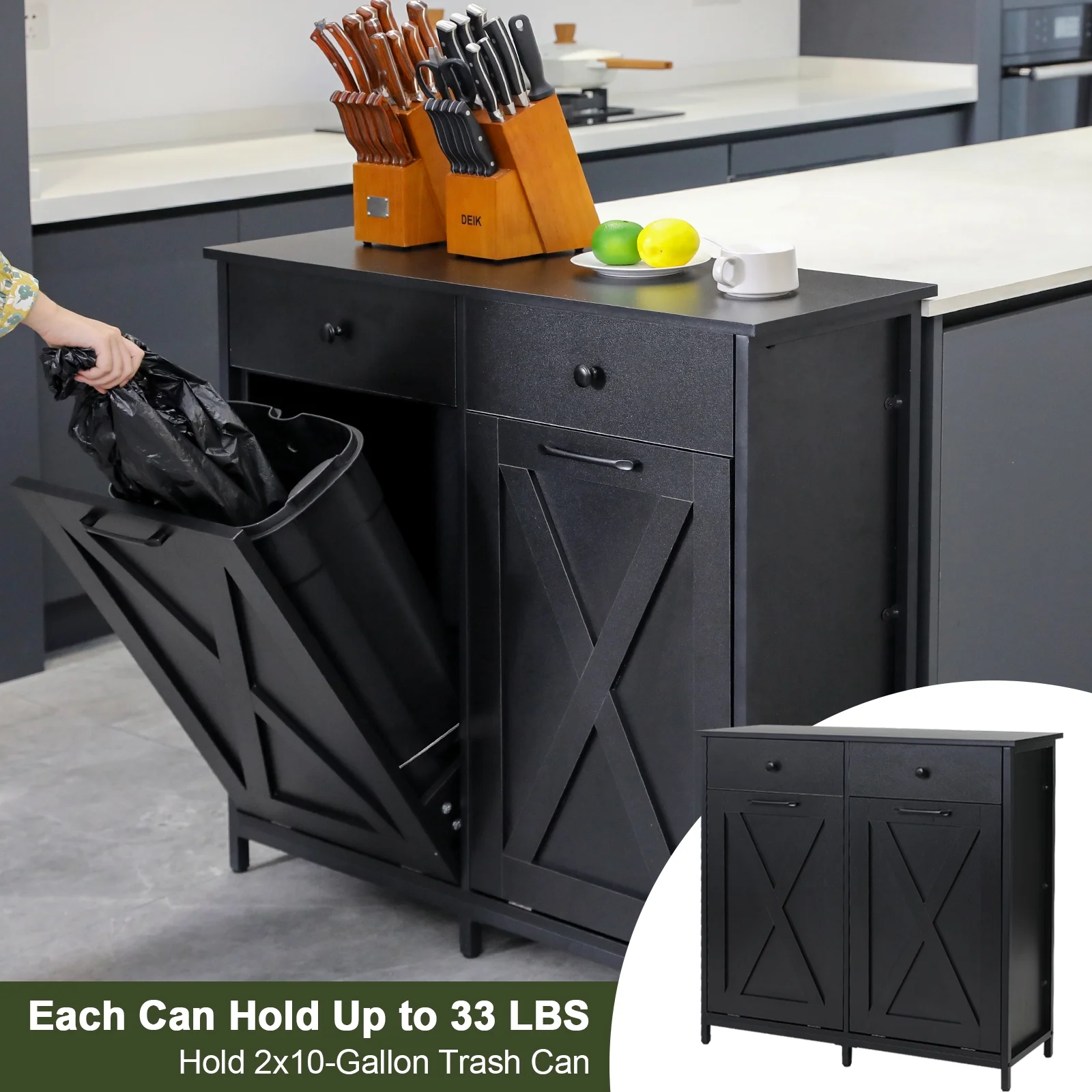 Pirecart 20 Gallon Double Tilt Out Trash Cabinet Wood Hidden Storage Cabinet, Recycling Cabinet with 2 Drawers, Black - Image 6
