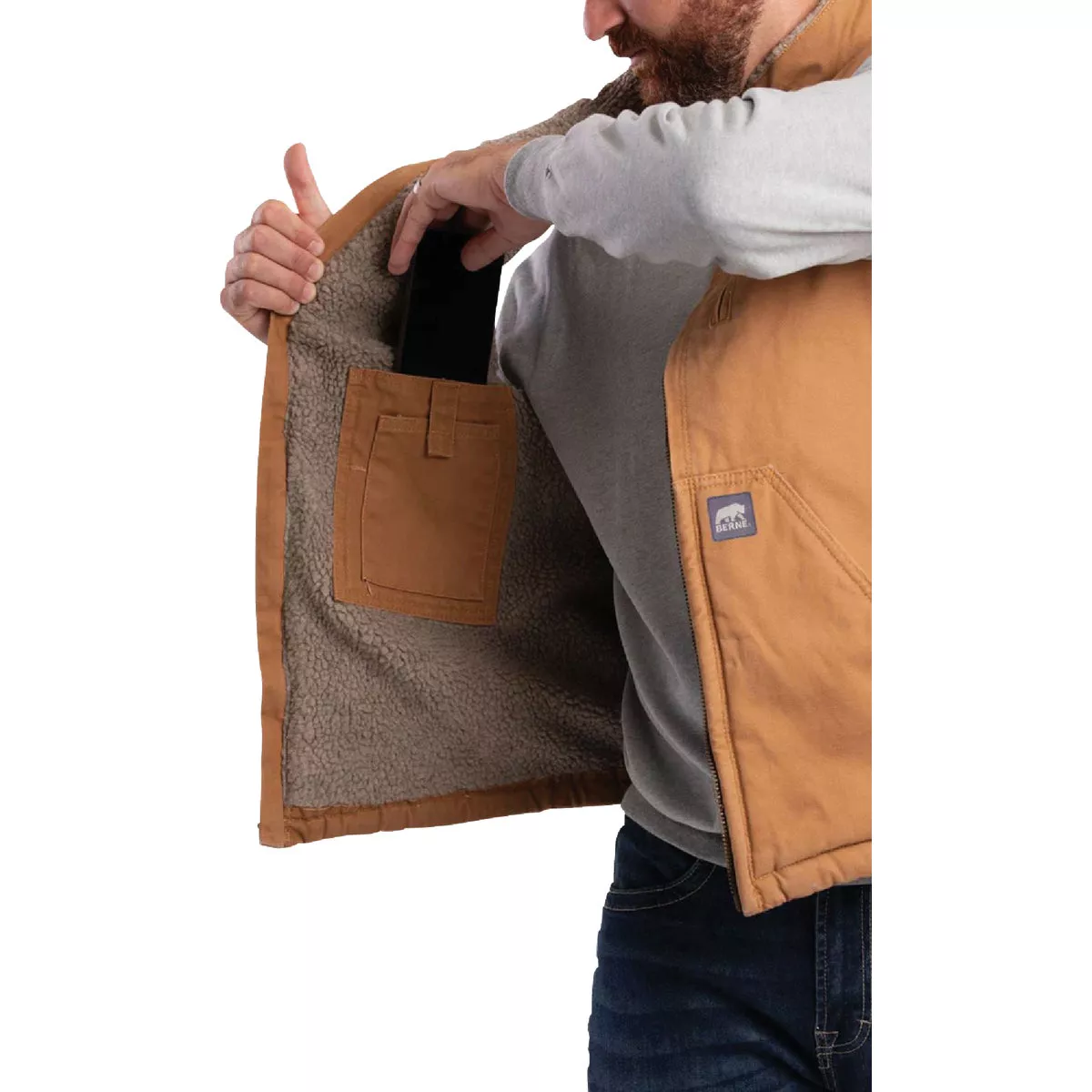 Berne Heartland Men's XL Brown Sherpa-Lined Washed Duck Vest