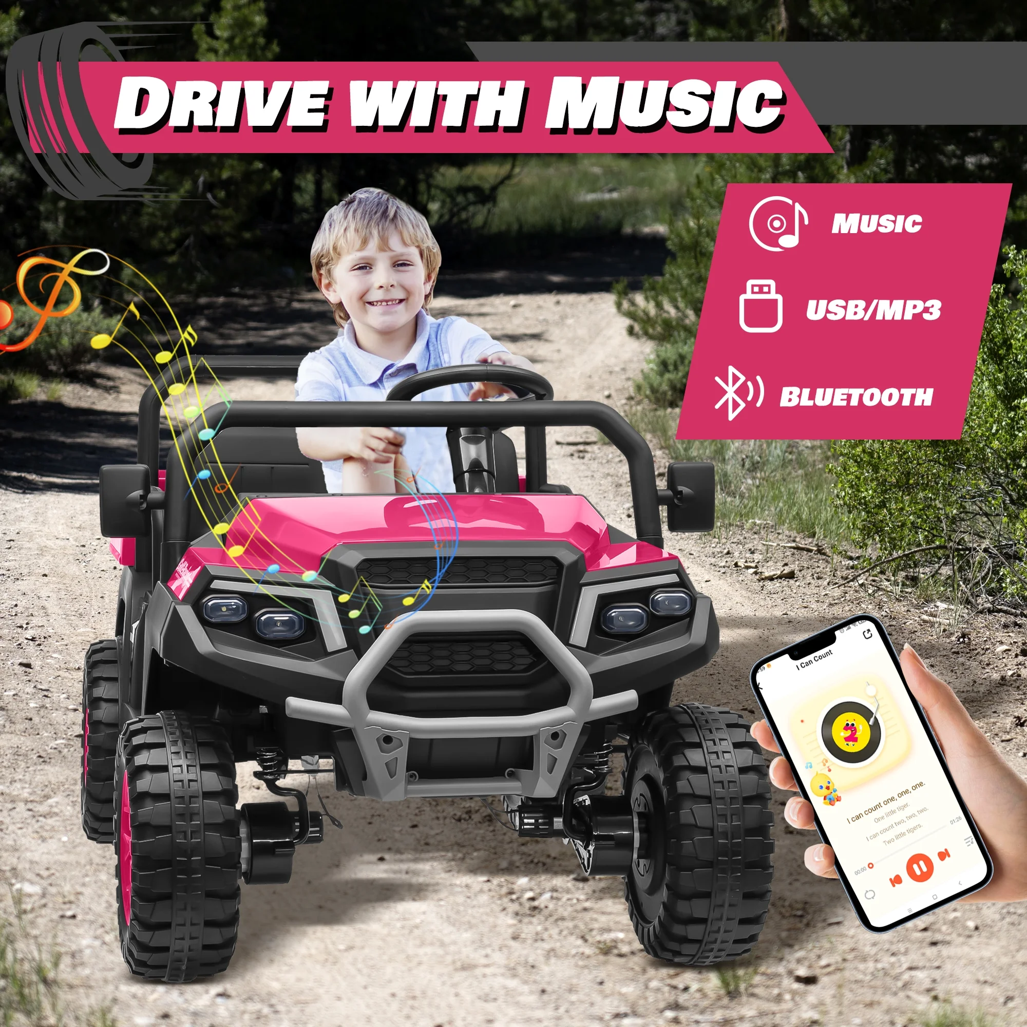 Joyracer 4WD 24 Volt Ride on Toys UTV with 2 Seater & Remote Control, Kids Electric Golf Cart w/ 4x200W Power Motors, Tiltable Trailer & Shovel, 4 Wheels Spring Suspension, Bluetooth USB Music, Black - Image 25