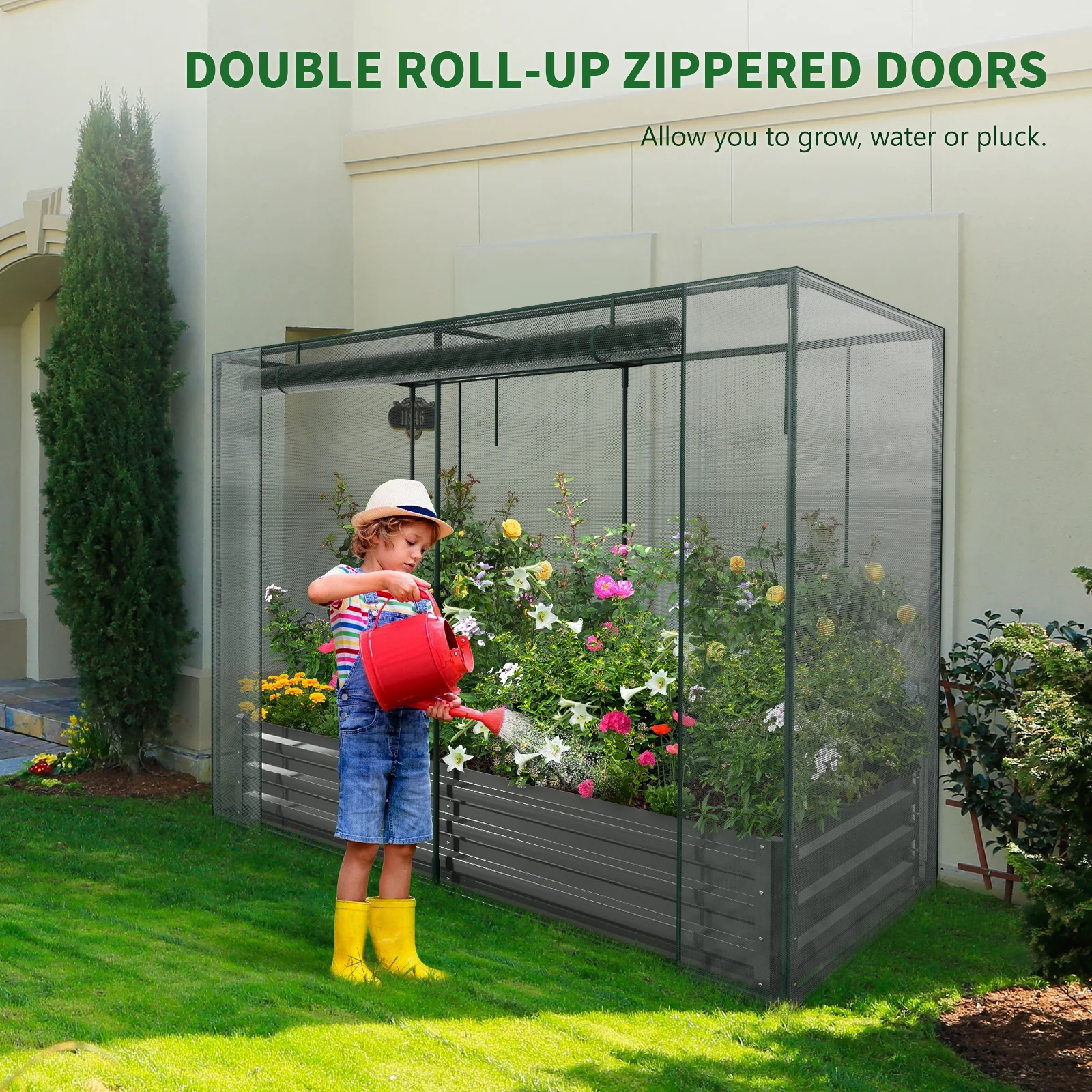 Slsy Galvanized Raised Garden Bed Kit w/Crop Cage Anti-Bird Netting Mesh Cover, 71
