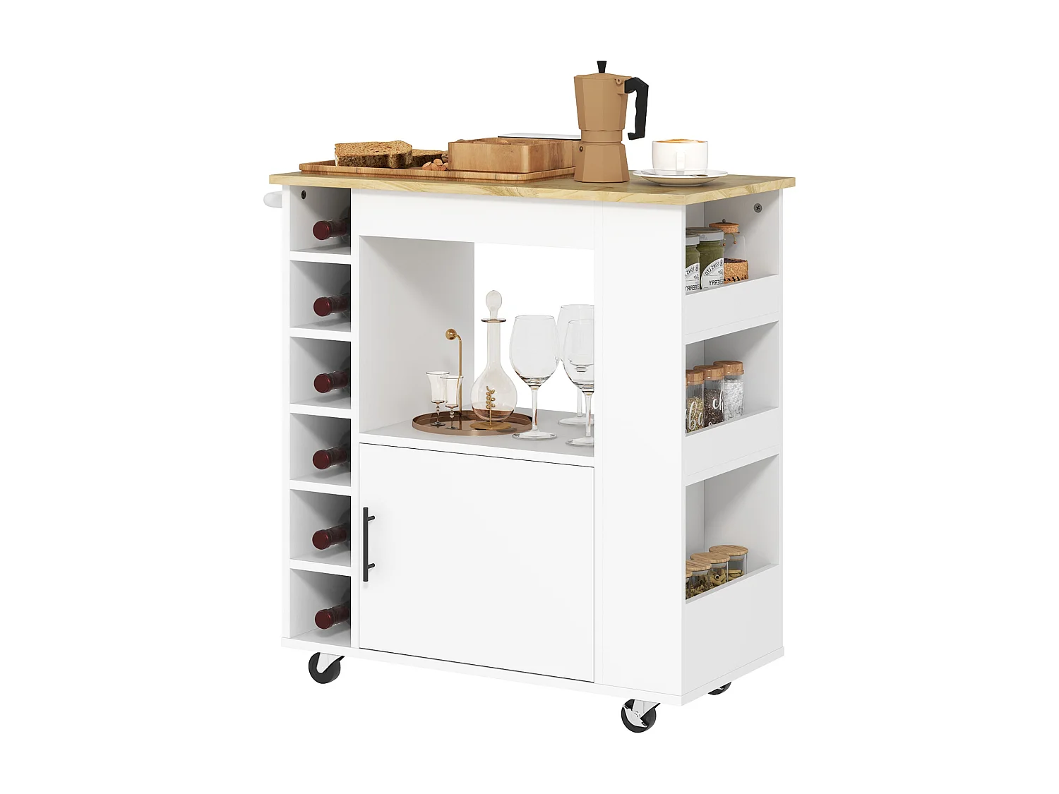 Chariot de cuisine, îlot de cuisine sur roulettes, chariot avec compartiments, rangements à bouteilles, placard et plan de travail – Blanc