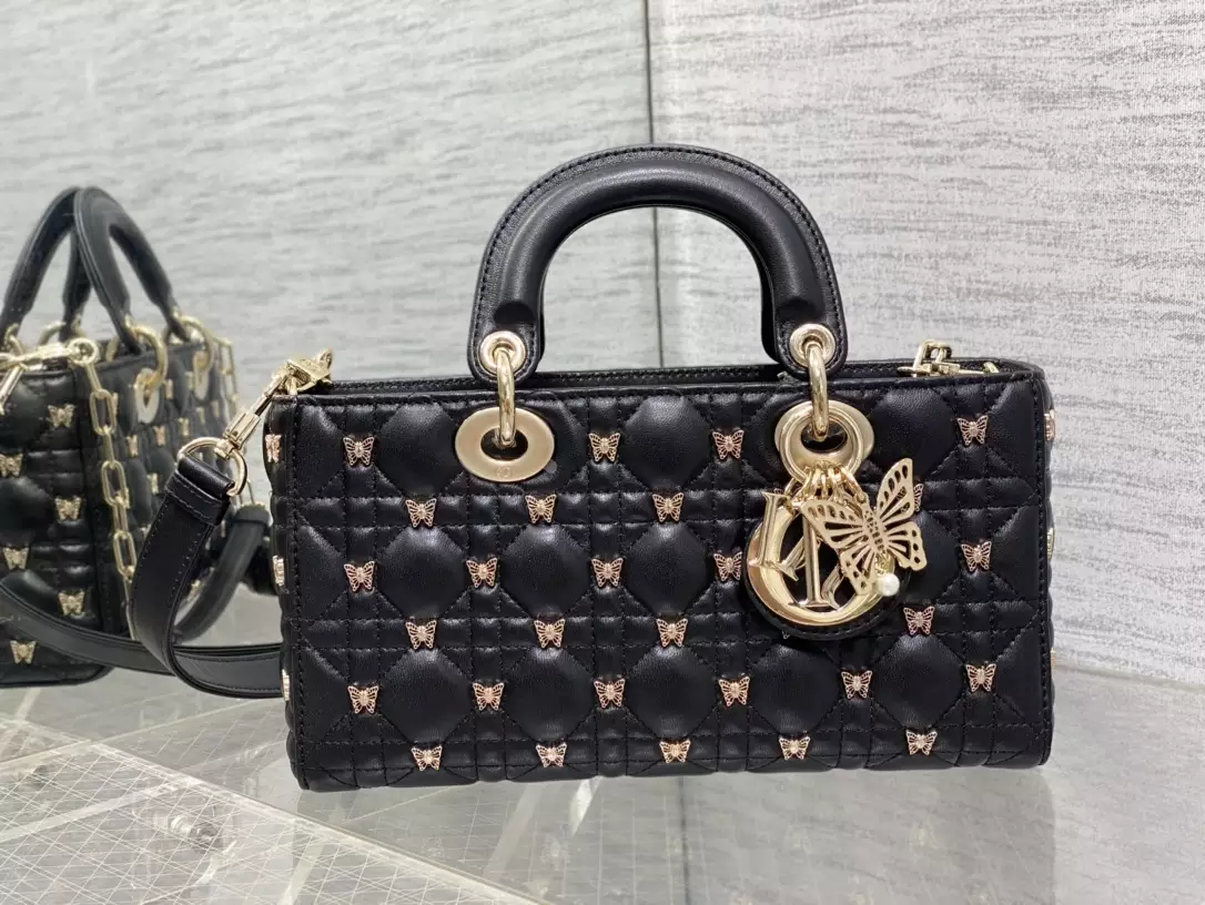 Medium Lady D-Joy Bag Black Cannage Lambskin with Gold-Finish Butterfly Studs1:1High-quality replica