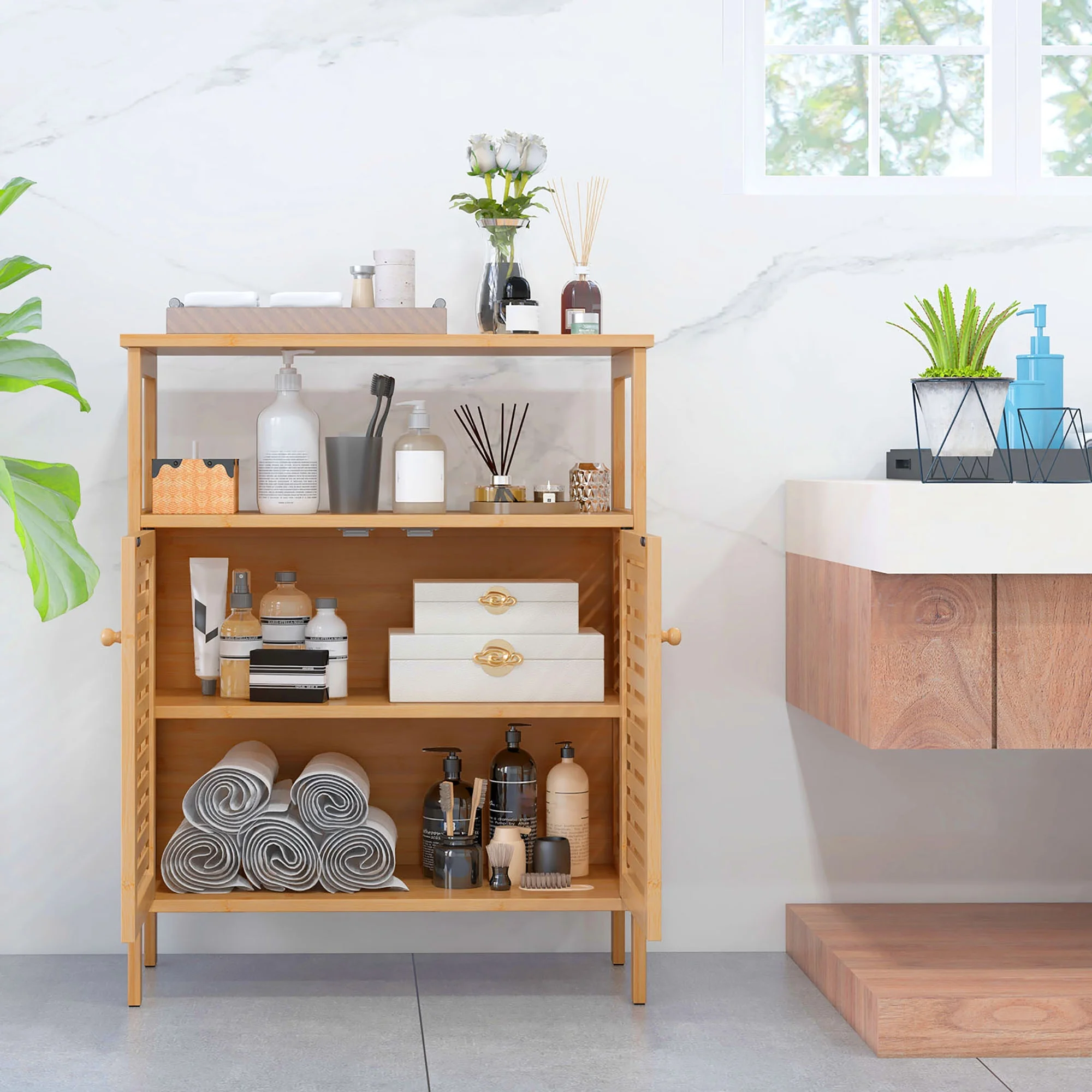 Gymax Bathroom Floor Cabinet Freestanding Bamboo Storage Organizer w/ Double Shutter Doors