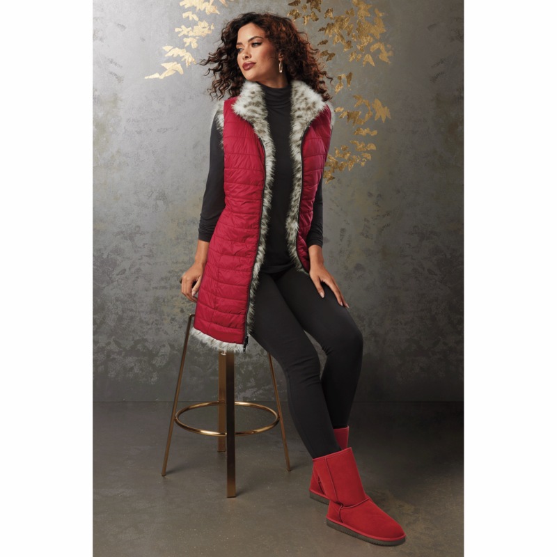Remy 2-Looks-in-1 Reversible Long Puffer Vest with Faux Fur - MIDNIGHT VELVET CATALOG
