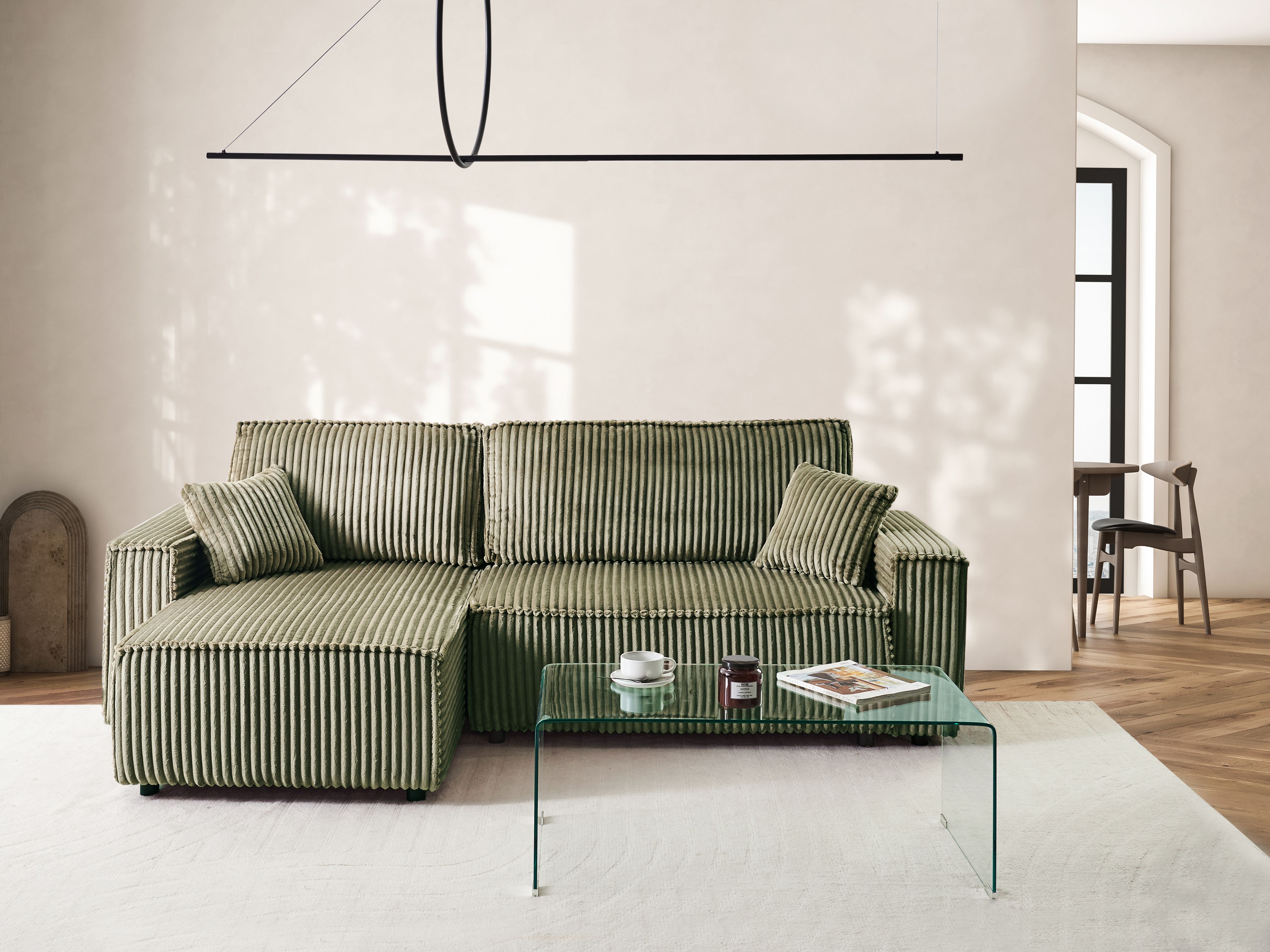 Corner Sofa Bed 3 Seater ABACKA Corduroy Green with Storage Right Hand