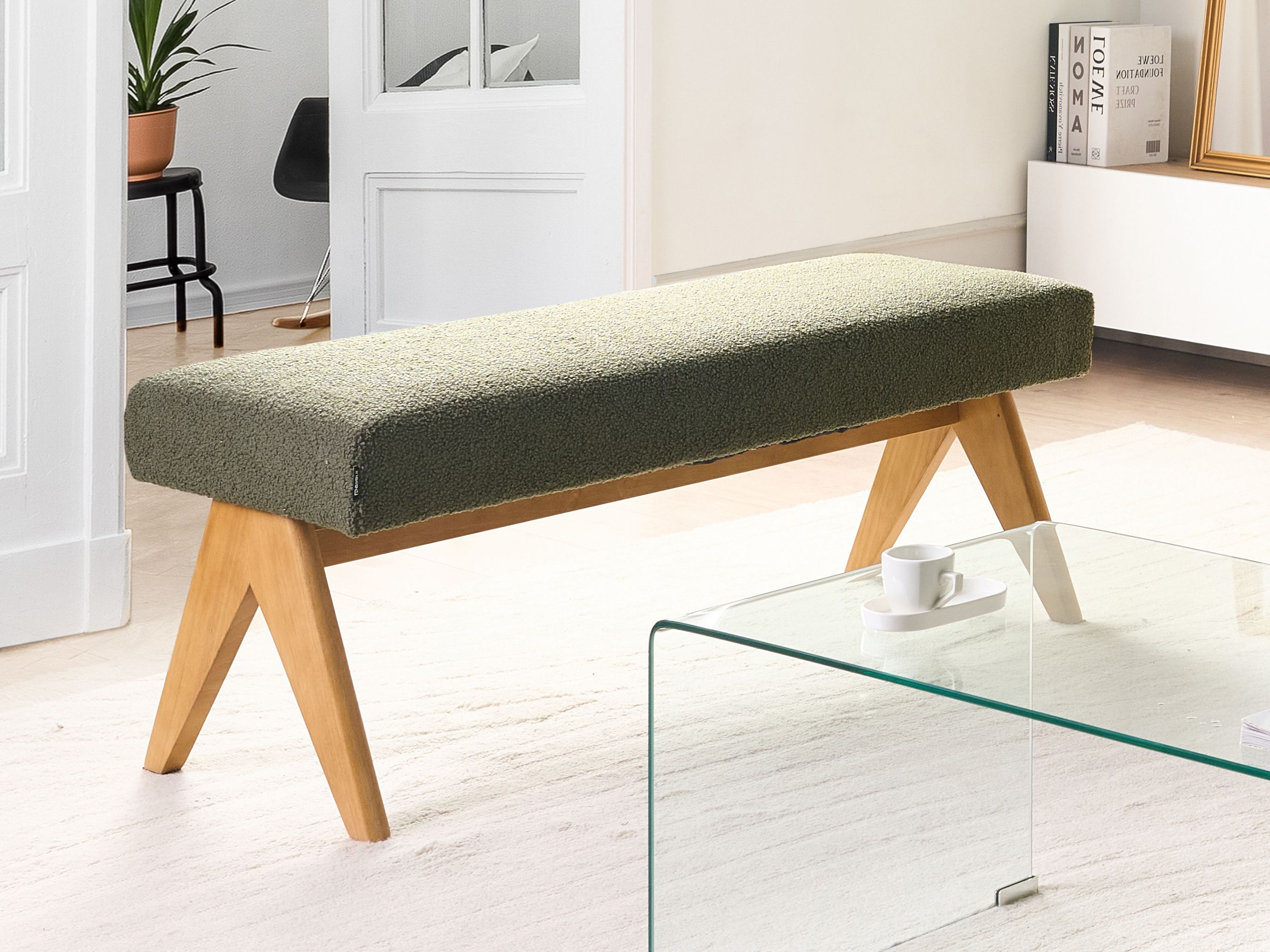 Upholstered Bench TAMRE Boucle Green/ Light Brown