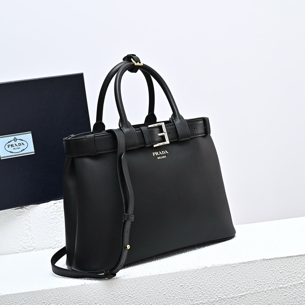 Prada Buckle medium leather handbag with double belt(high-end grade)1:1High-quality replica