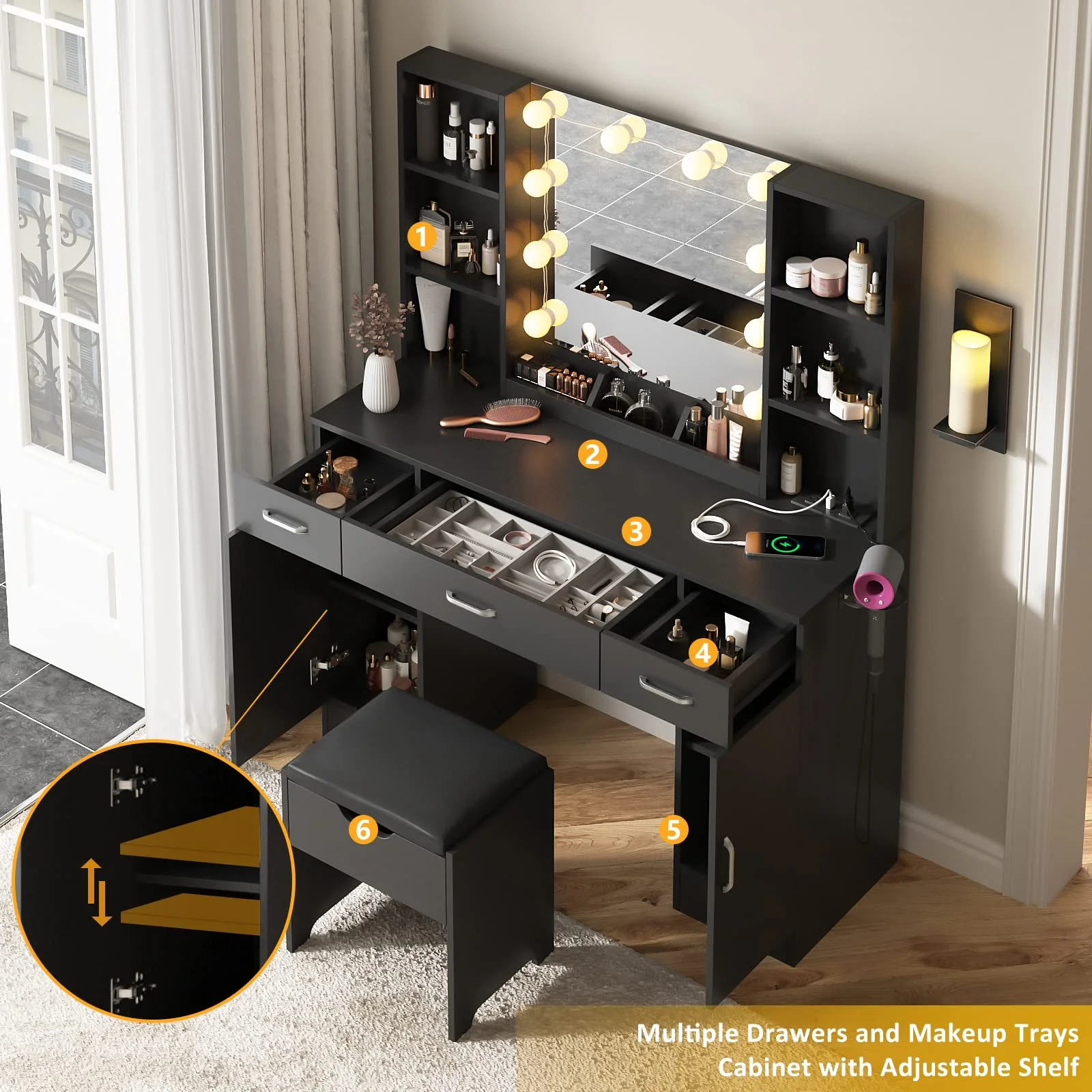 VEANERWOOD Large Makeup Vanity Set with Light Modern Makeup Vanity Table with Storage and Adjustable Lighting Colors for Bedroom 45.2in, White - Image 33