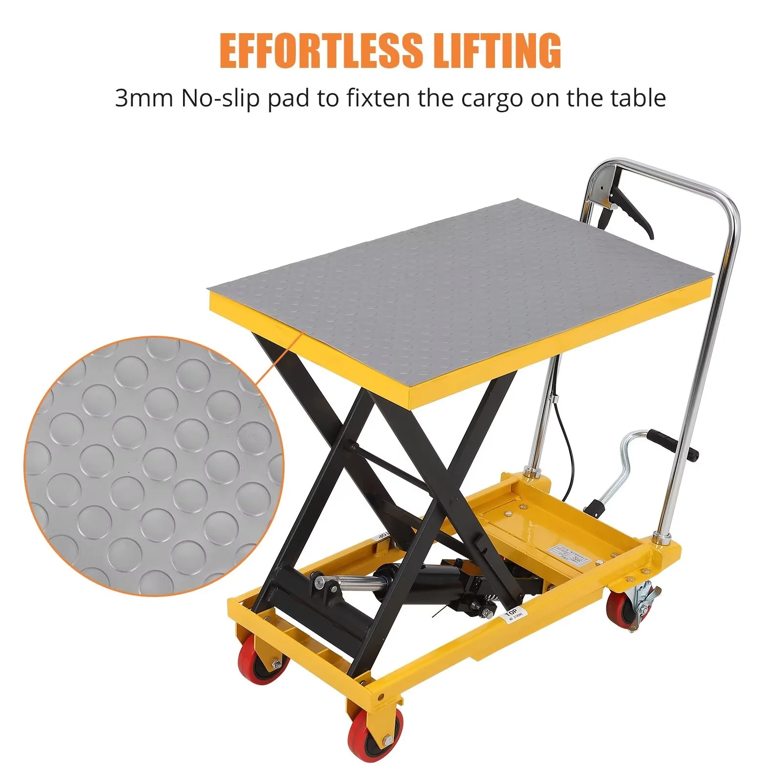 Hydraulic Lift Table Cart, 500lbs Capacity 59" Lifting Height, Single Scissor Lift Table Cart with 4 Wheels and Non-Slip Pad, Manual Elevating Cart for Material Handling Transportation - Image 7