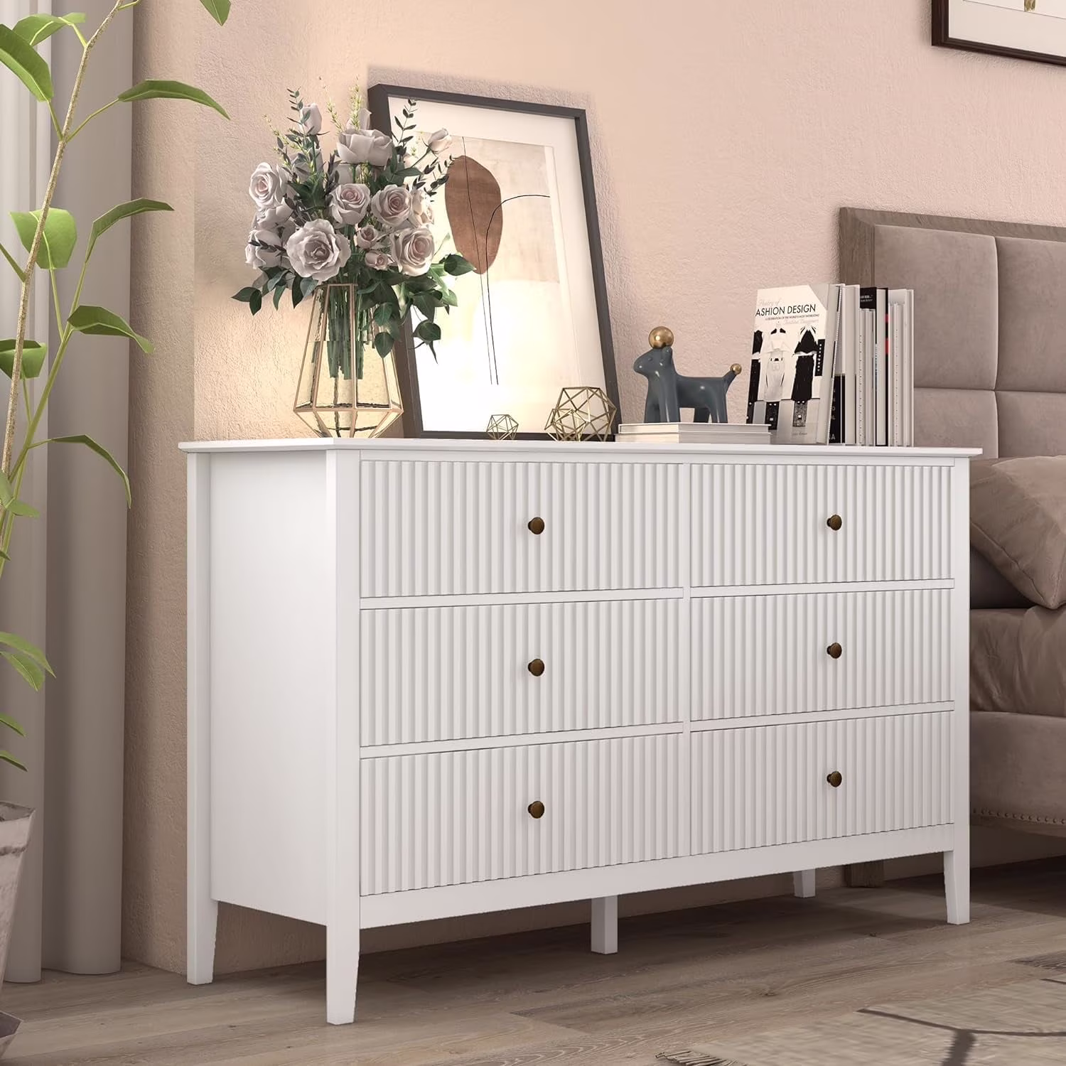 Heynemo Beige 6 Drawer Dresser, Fluted Modern Wood Chest - Image 30